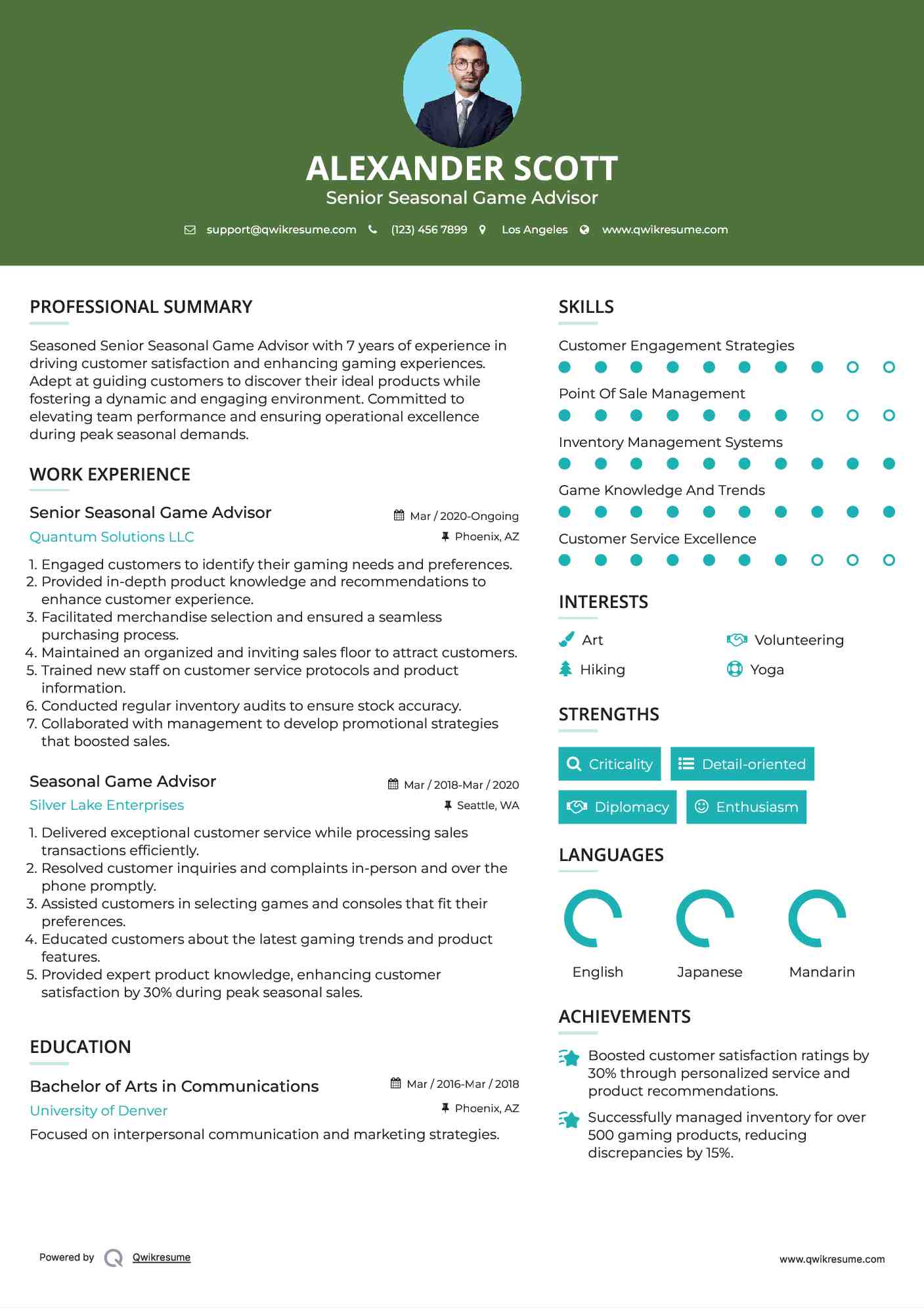 Senior Seasonal Game Advisor Resume Template