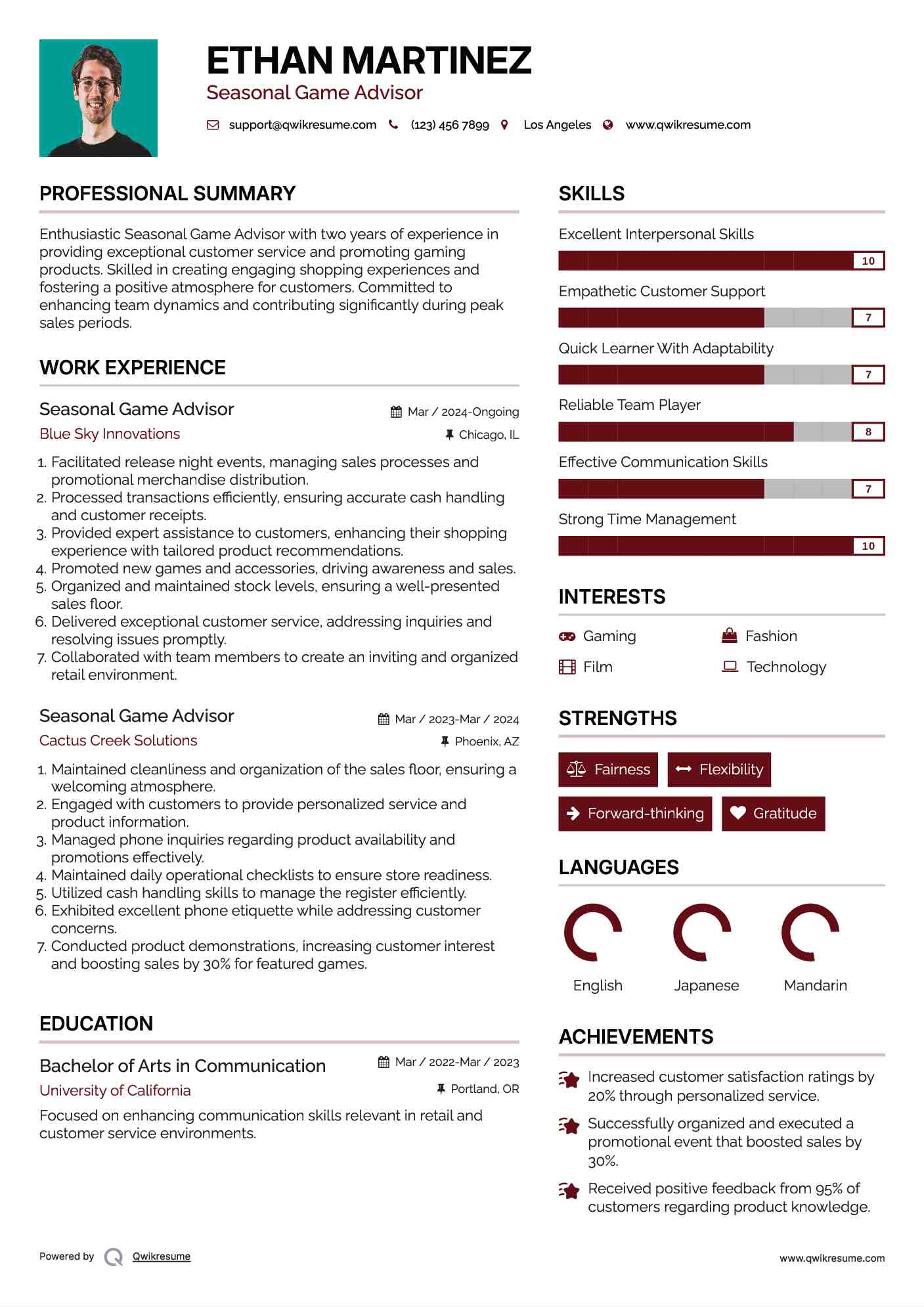 Seasonal Game Advisor Resume Model