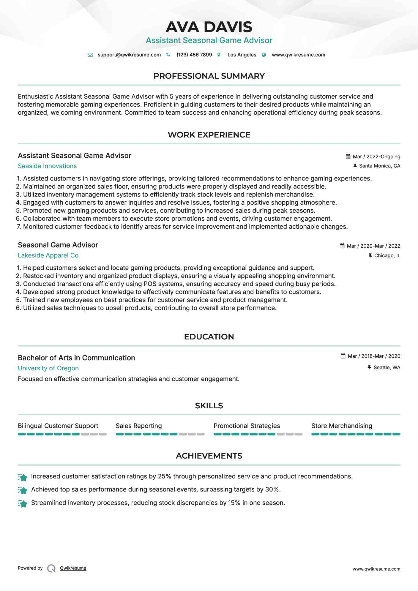 Assistant Seasonal Game Advisor Resume Format