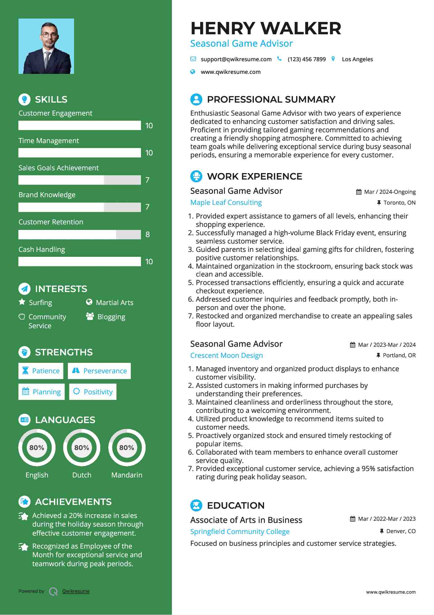 Seasonal Game Advisor Resume Template