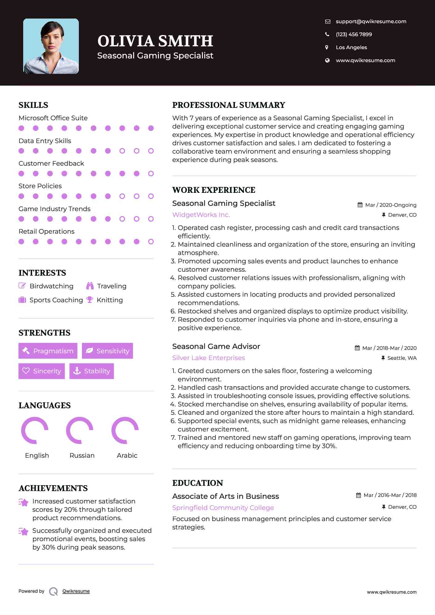 Seasonal Gaming Specialist Resume Sample