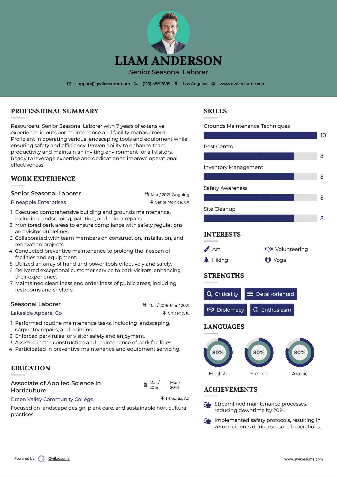 Senior Seasonal Laborer Resume Sample