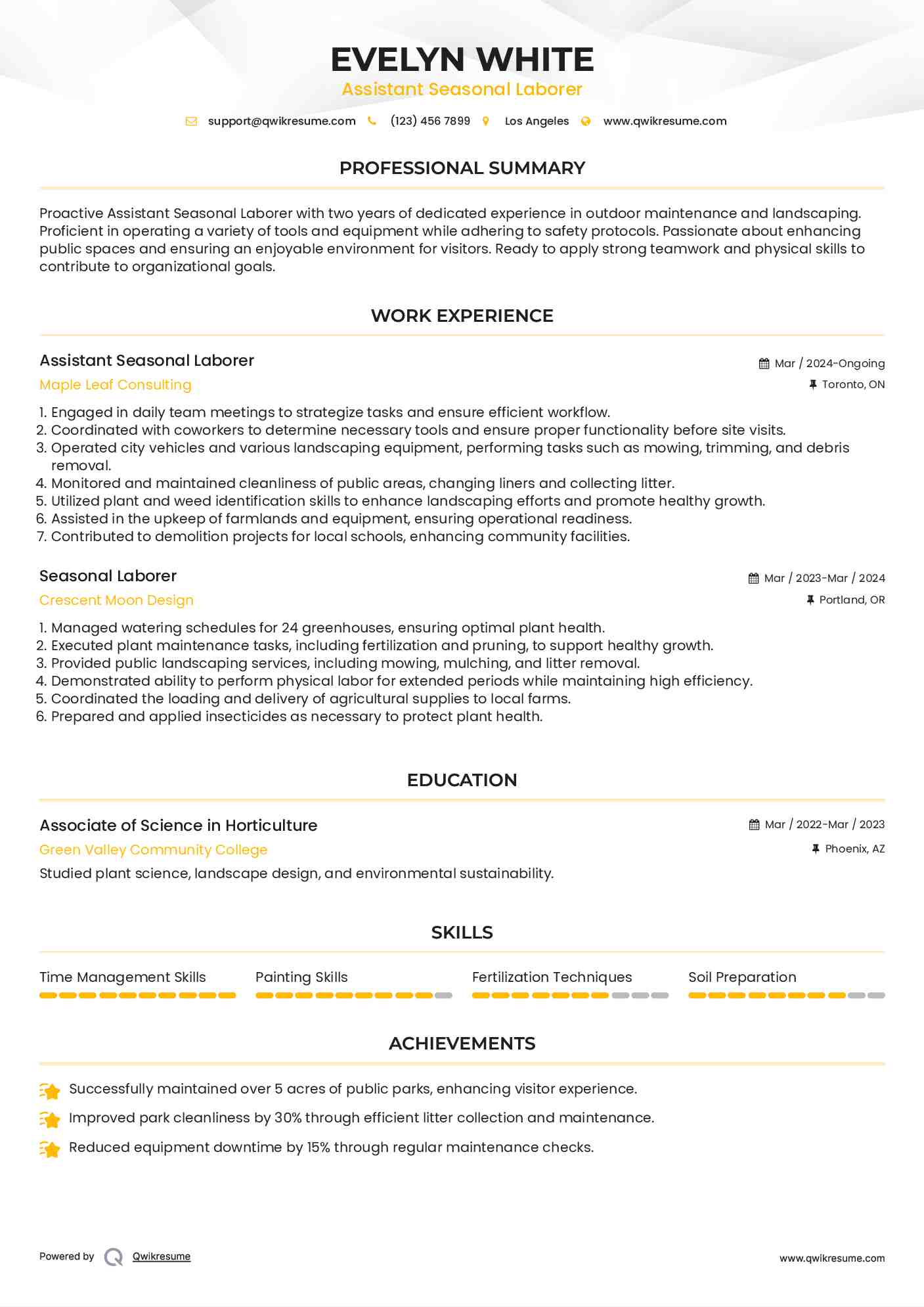 Assistant Seasonal Laborer  Resume Format