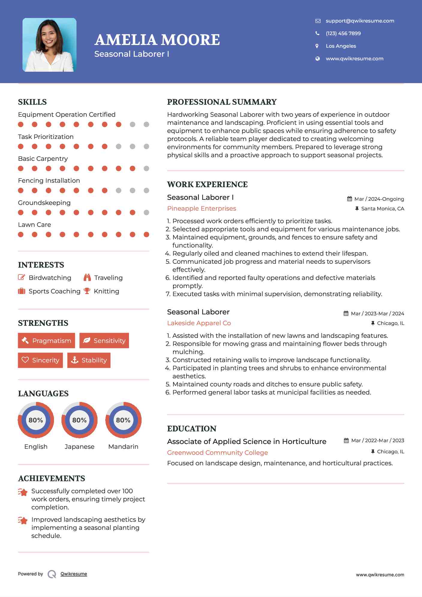 Seasonal Laborer I Resume Example