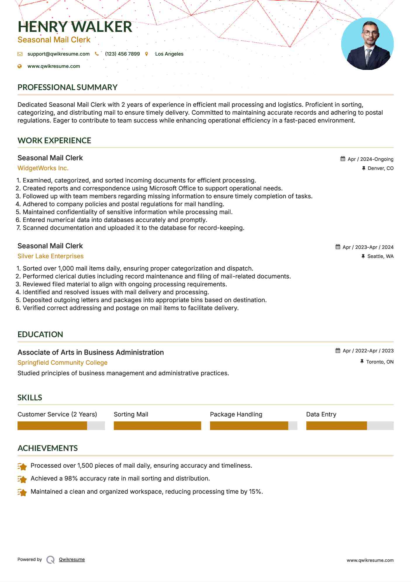 Seasonal Mail Clerk Resume Format