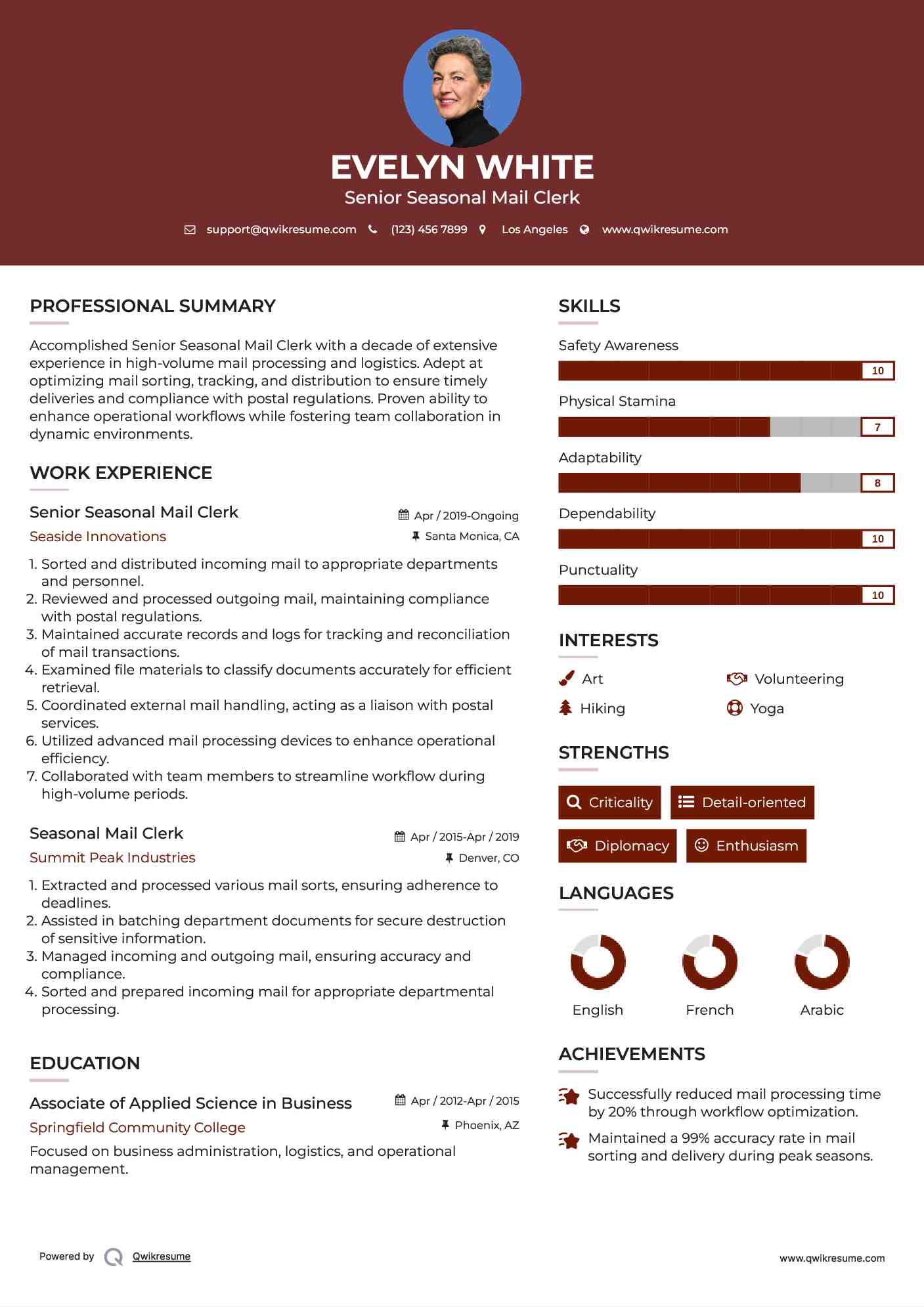 Senior Seasonal Mail Clerk Resume Model