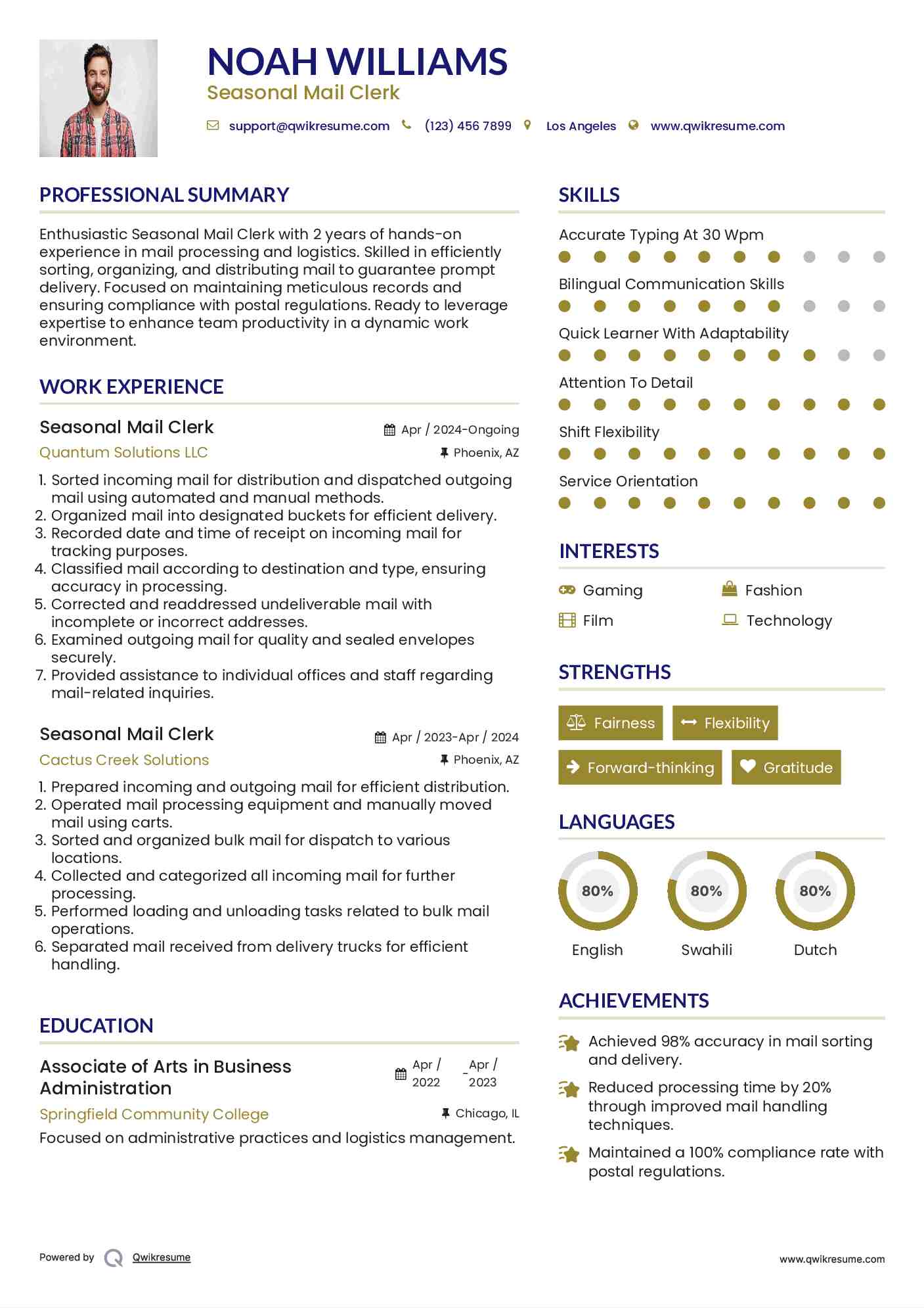 Seasonal Mail Clerk Resume Sample