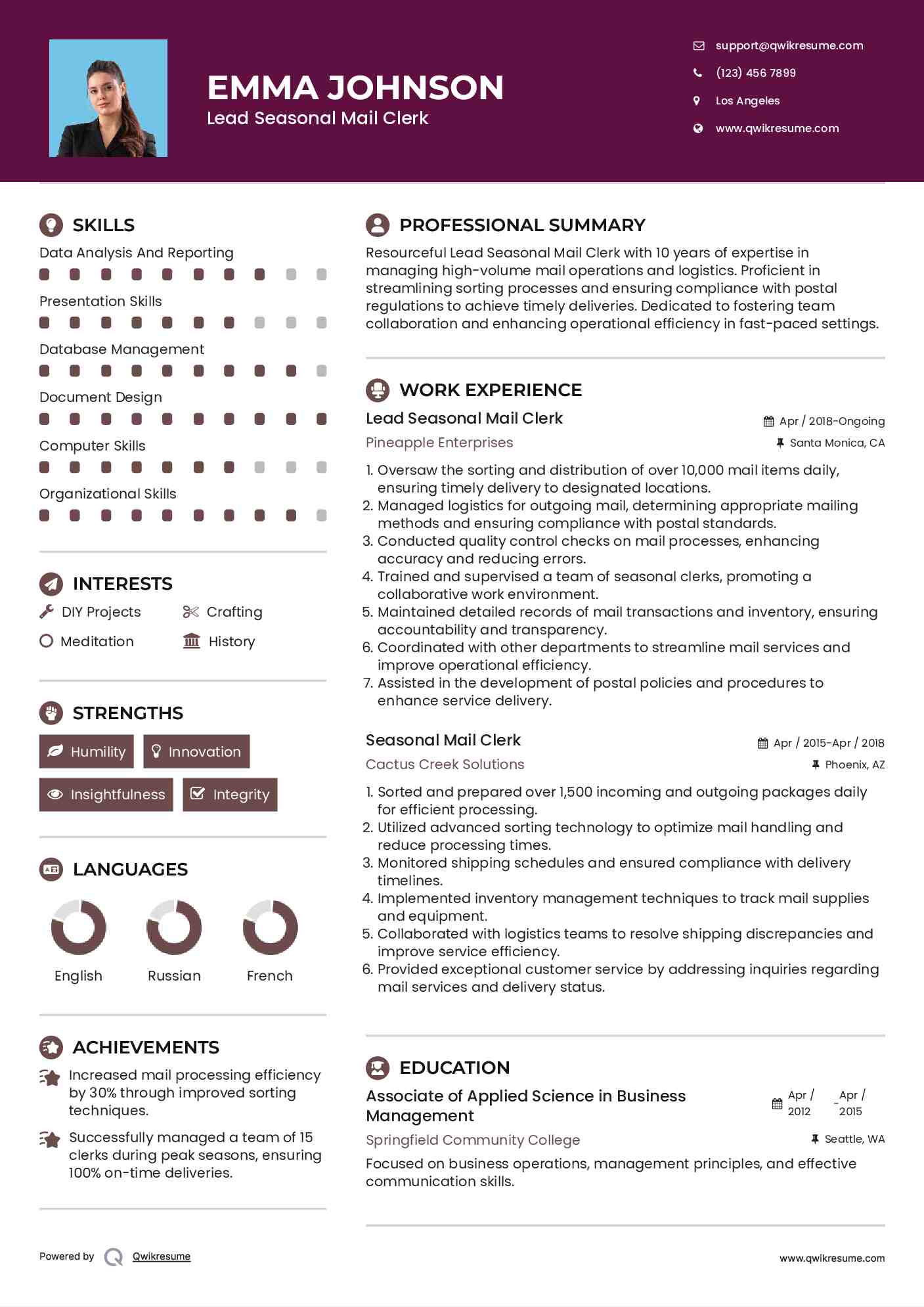 Lead Seasonal Mail Clerk Resume Example