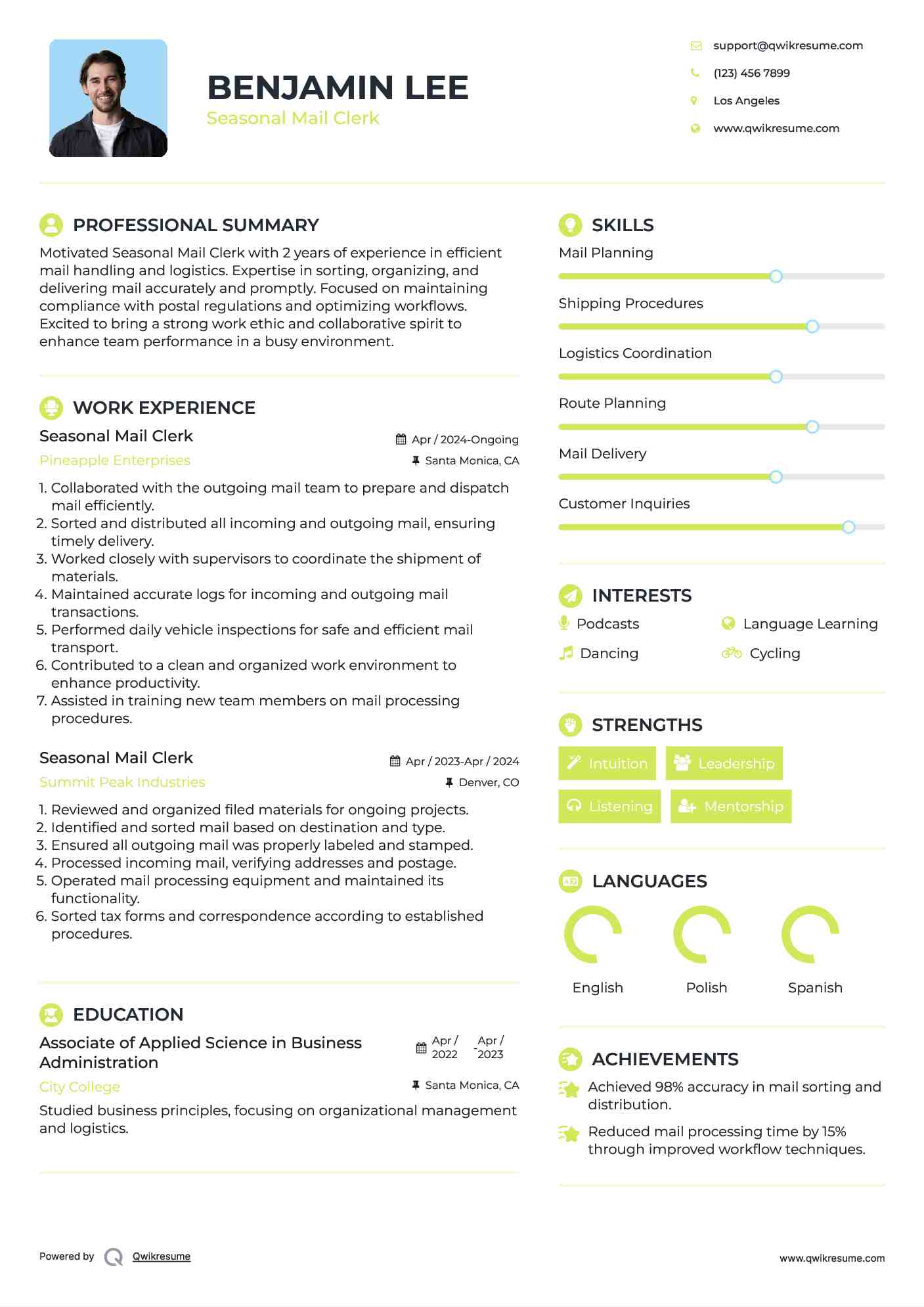 Seasonal Mail Clerk Resume Sample