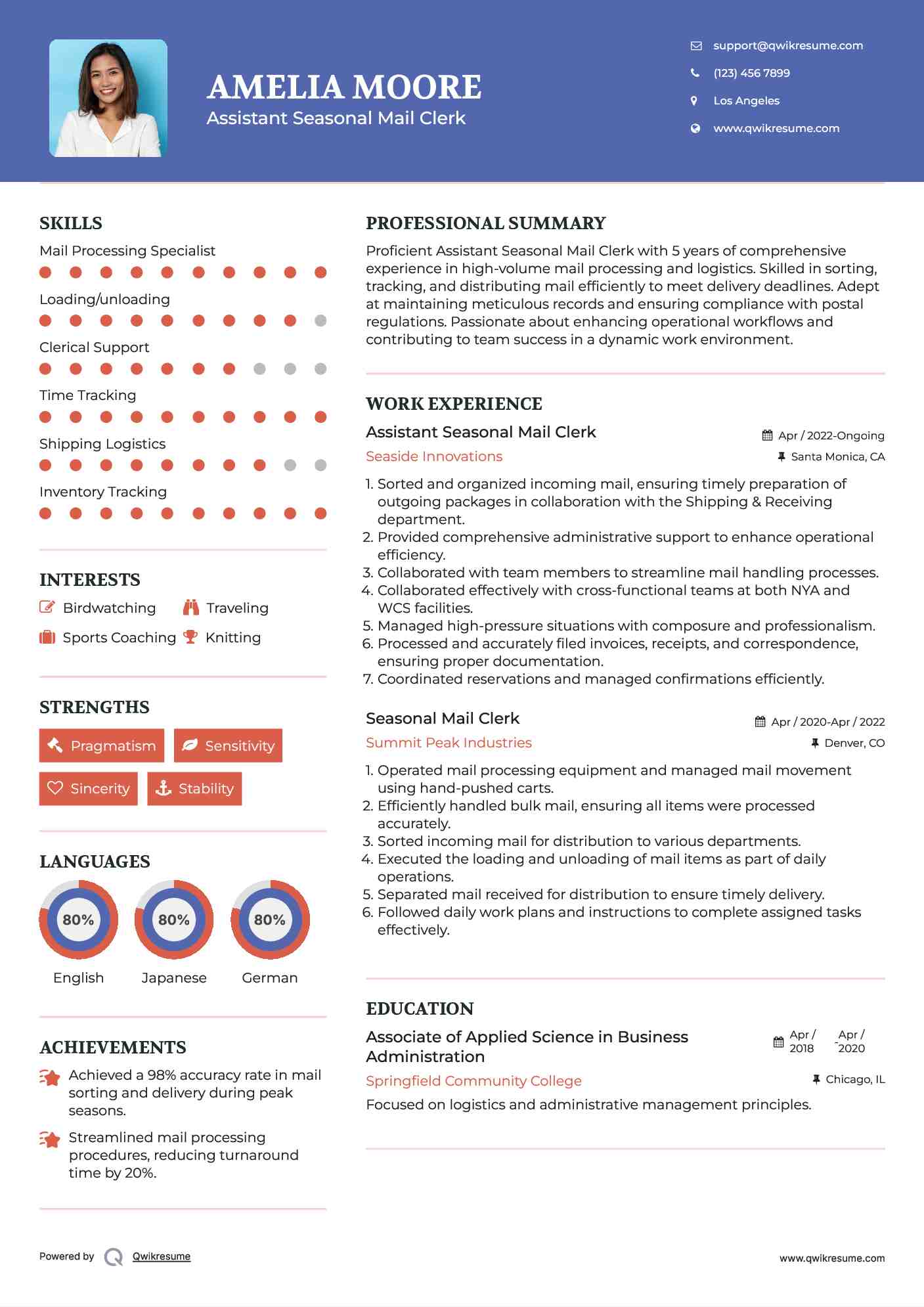 Assistant Seasonal Mail Clerk Resume Example