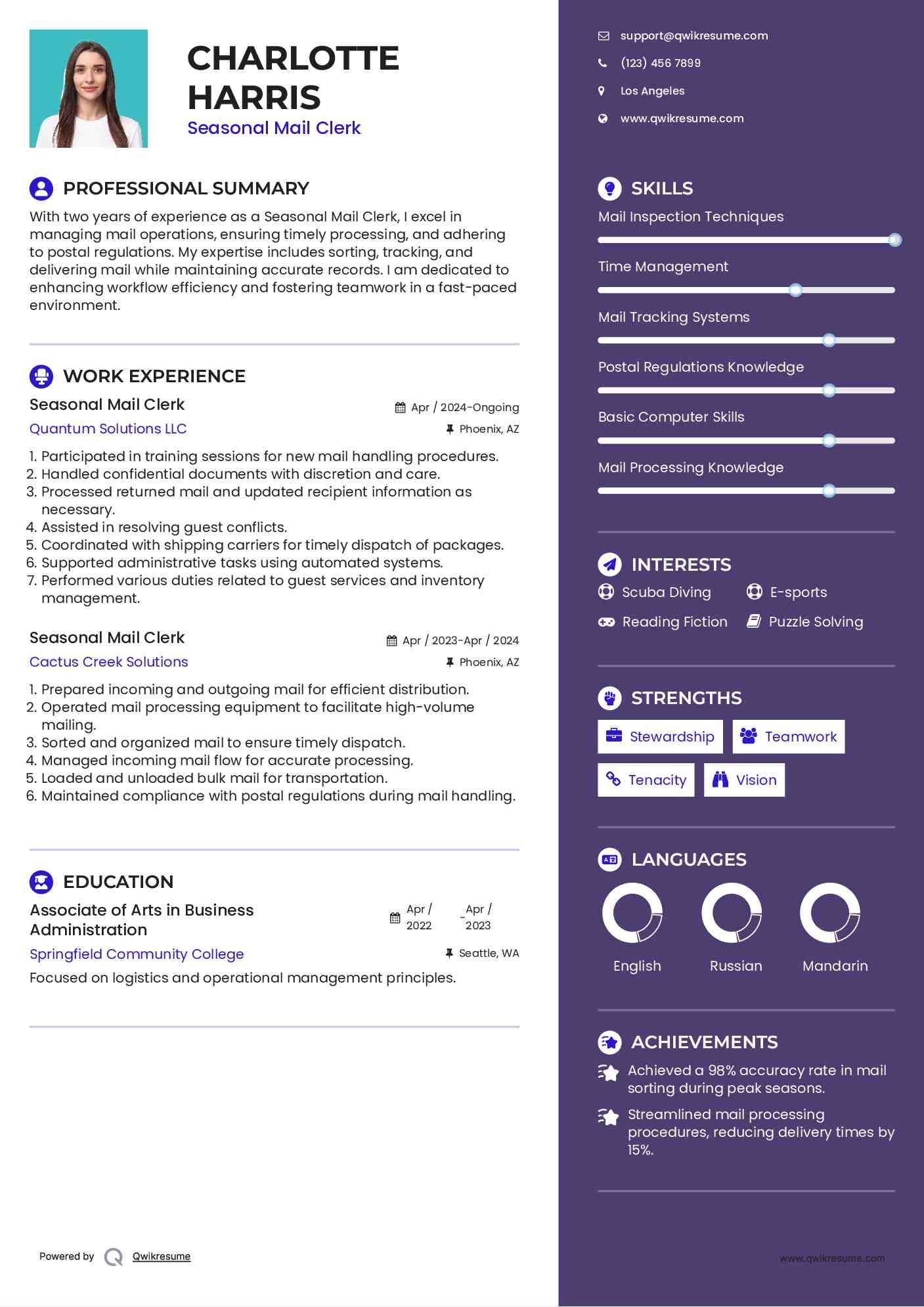 Seasonal Mail Clerk Resume Template