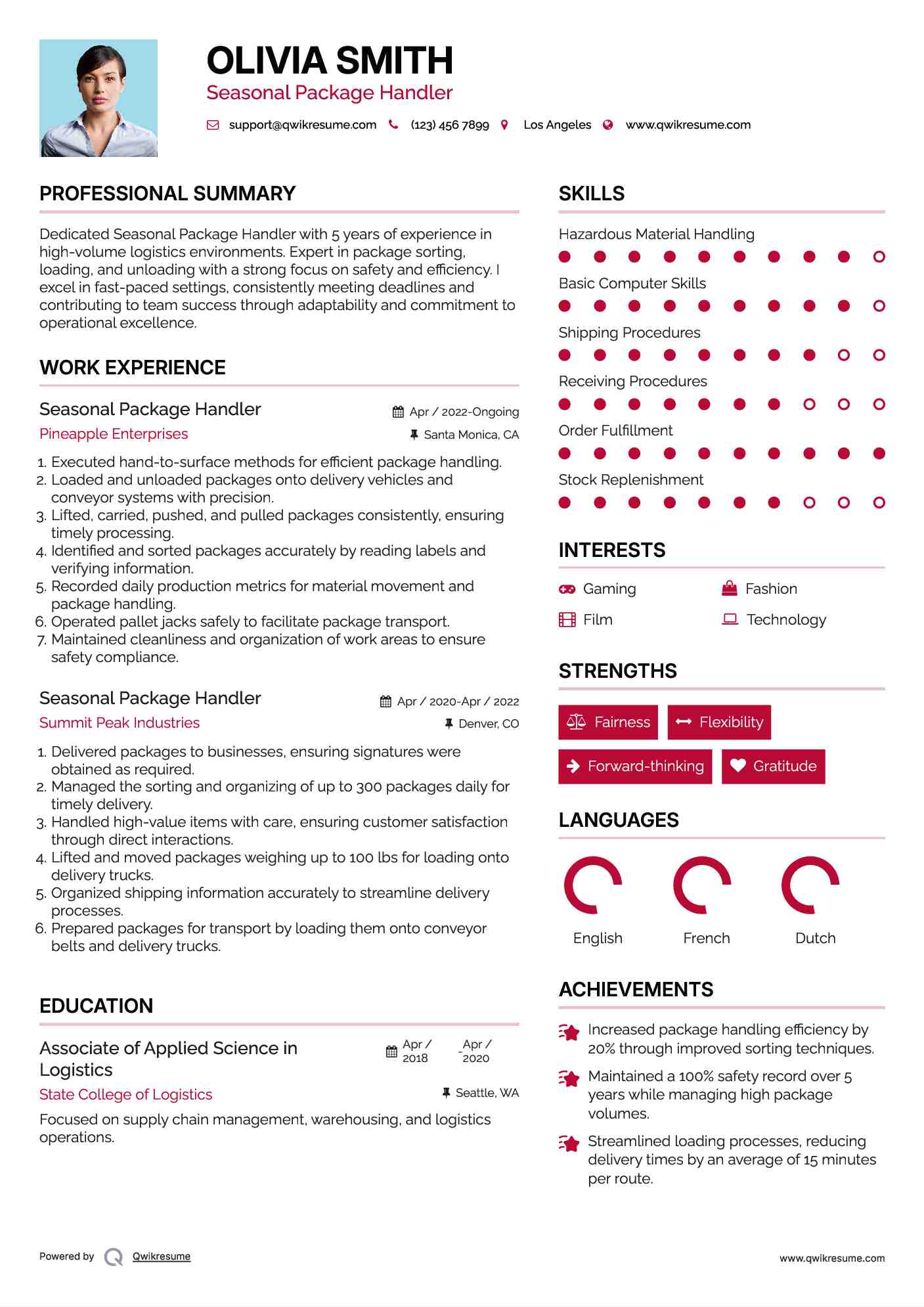 Seasonal Package Handler Resume Format