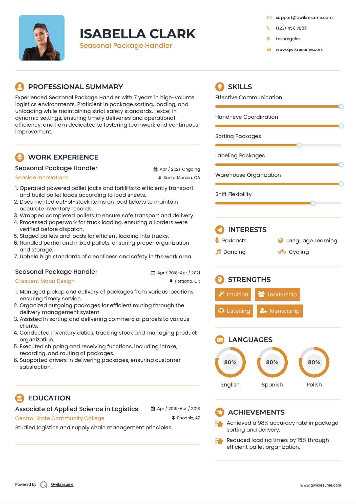 Seasonal Package Handler Resume Template