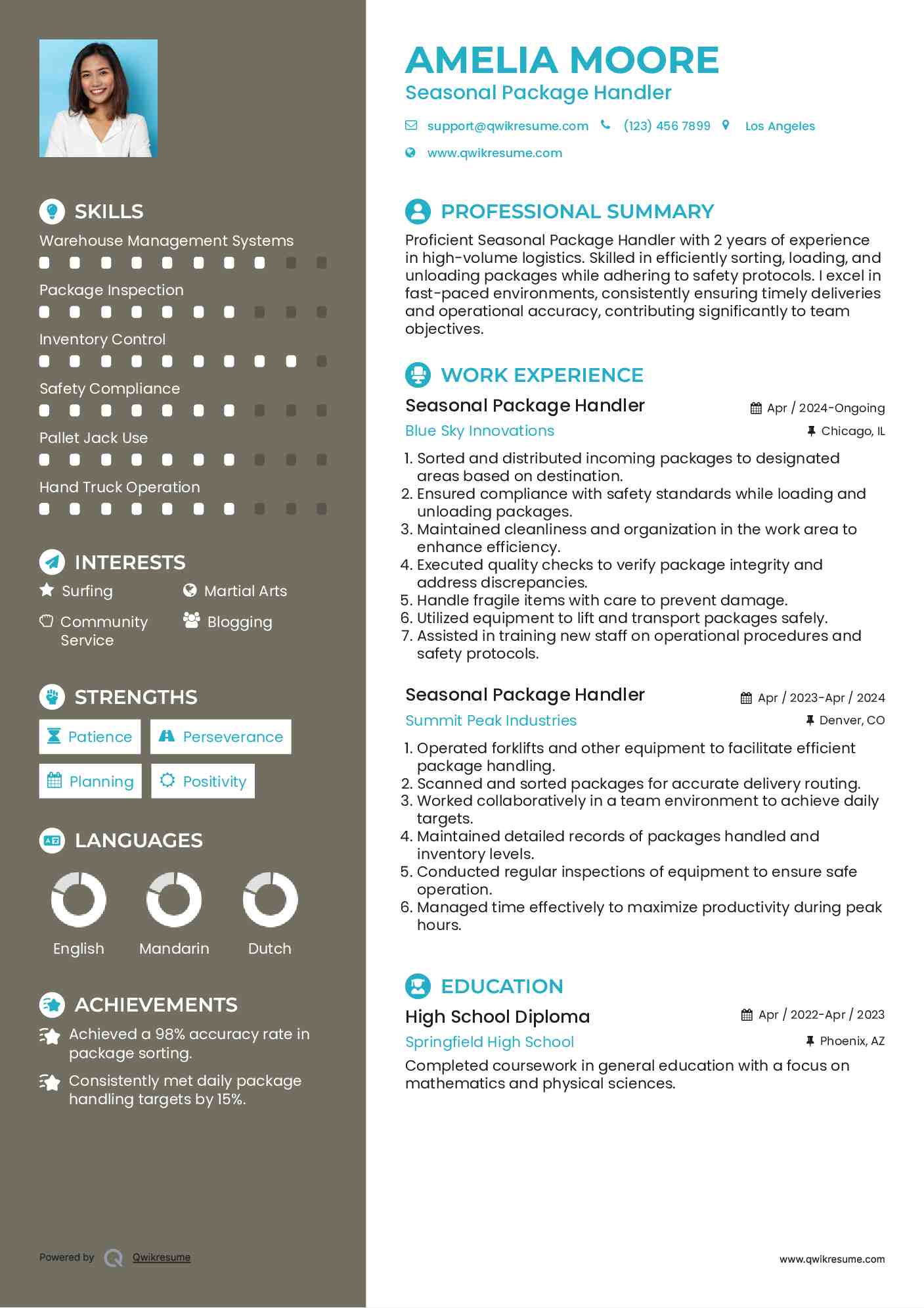 Seasonal Package Handler Resume Model