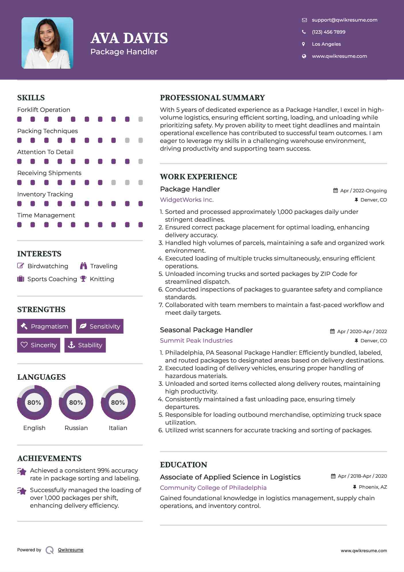 Package Handler Resume Example