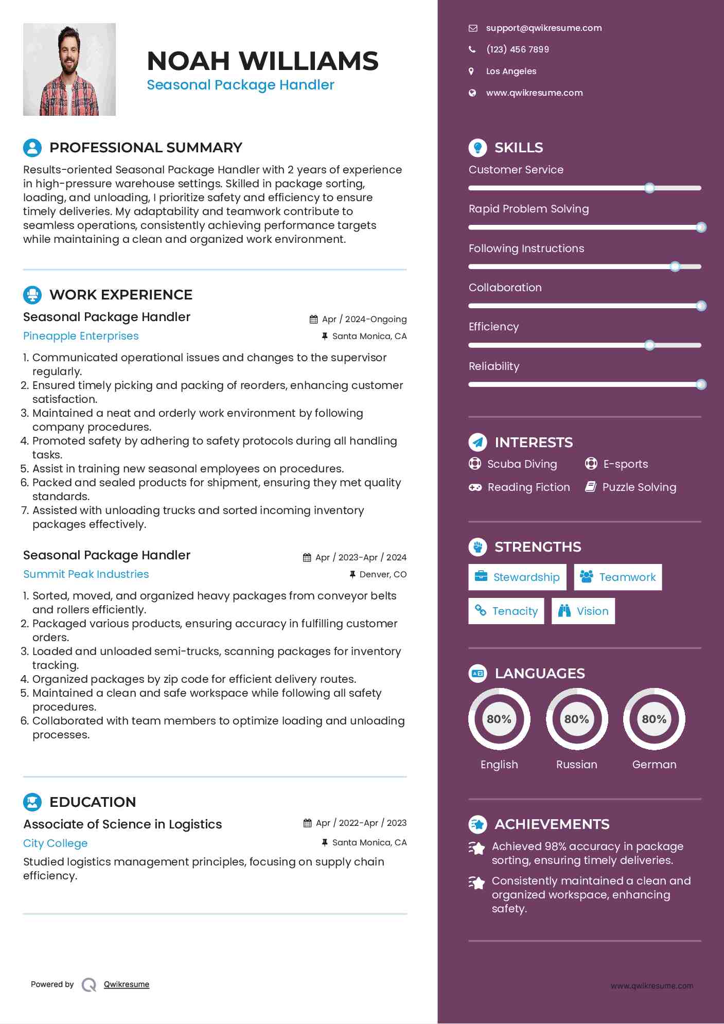 Seasonal Package Handler Resume Sample