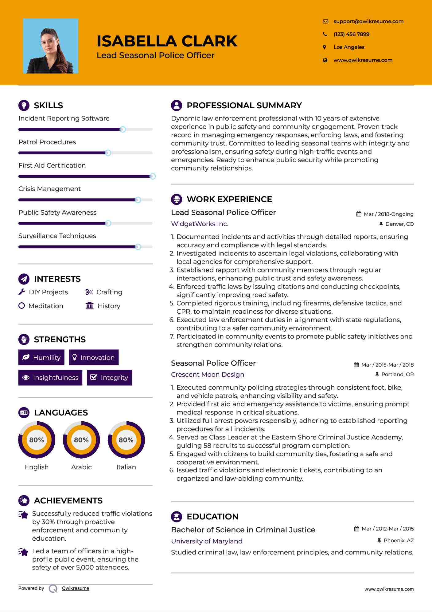 Lead Seasonal Police Officer Resume Sample