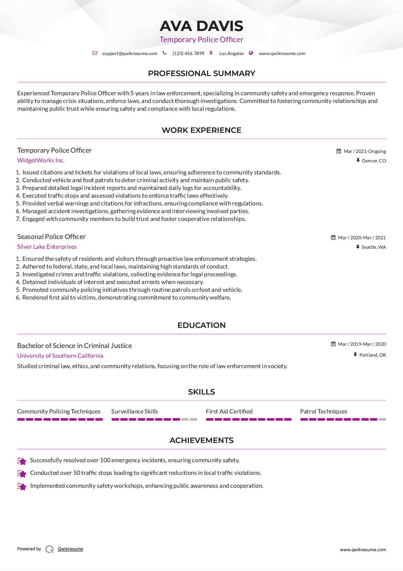 Temporary Police Officer Resume Example