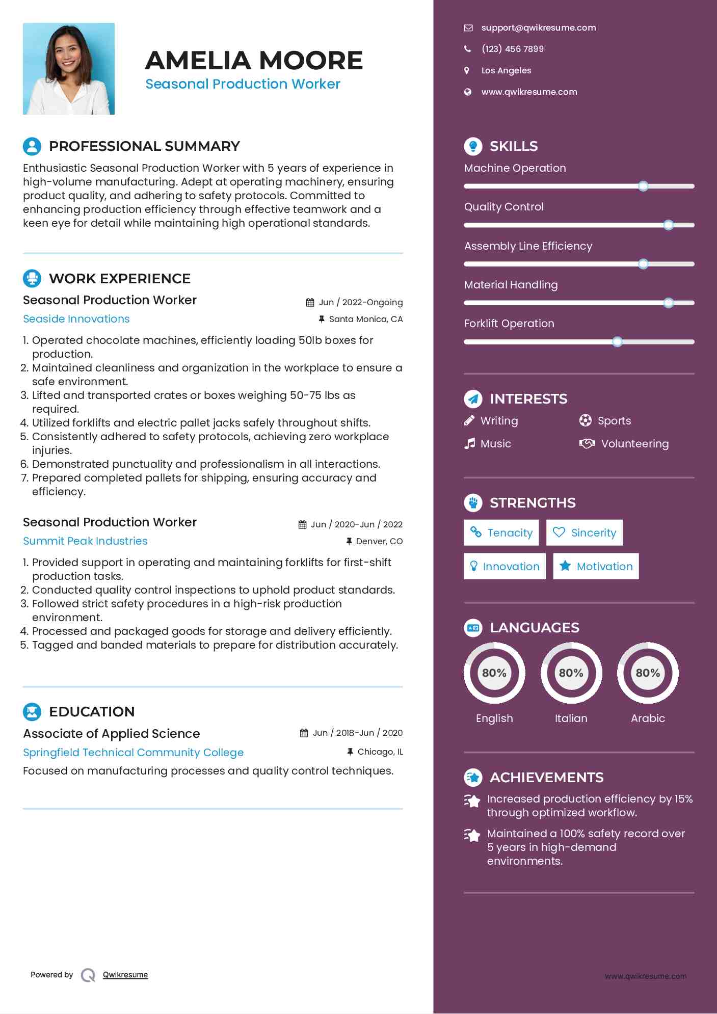 Seasonal Production Worker Resume Example