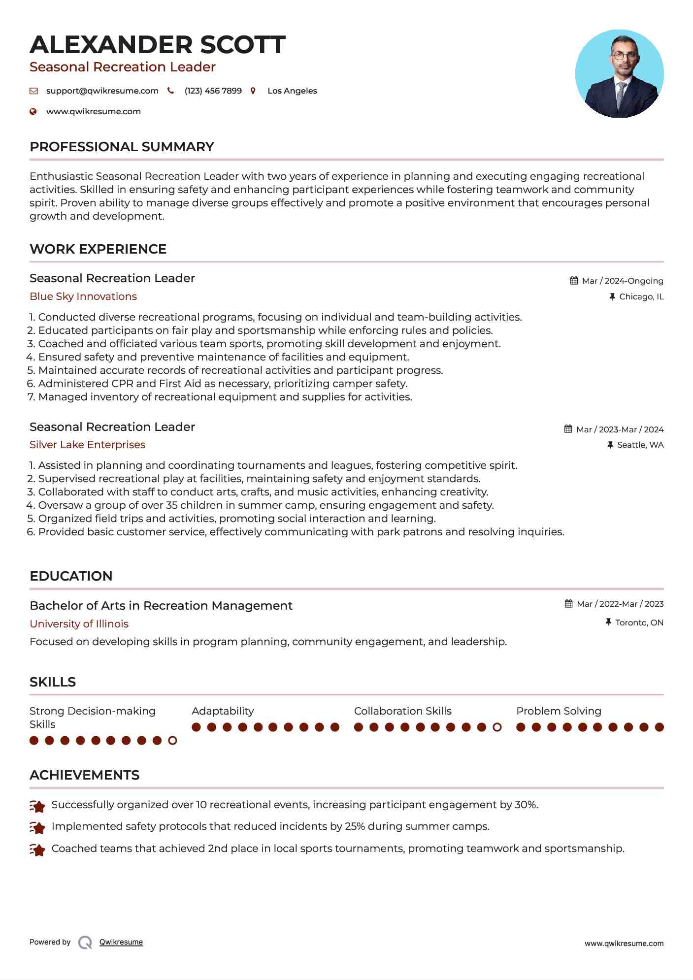 Seasonal Recreation Leader Resume Format