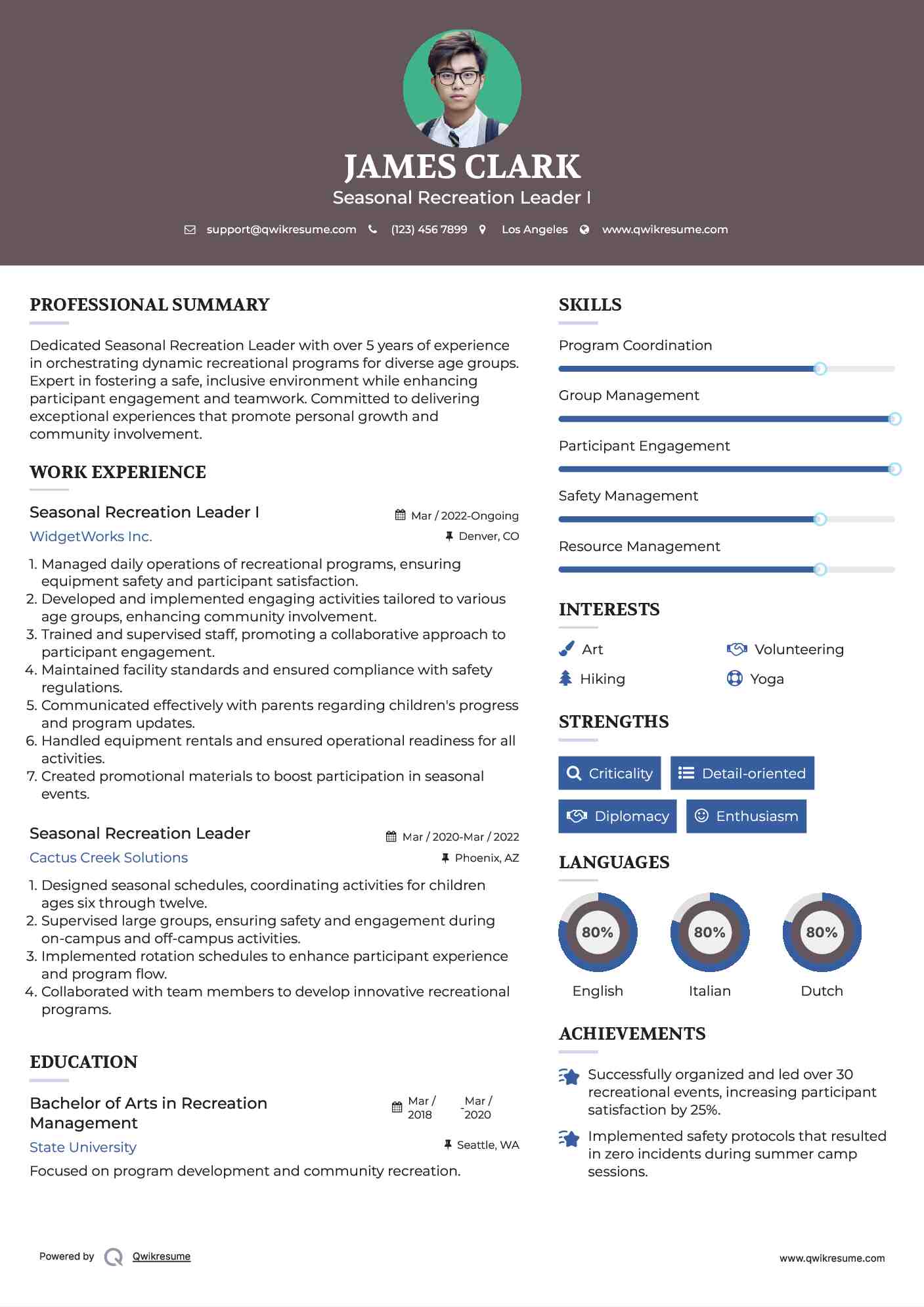 Seasonal Recreation Leader I Resume Example