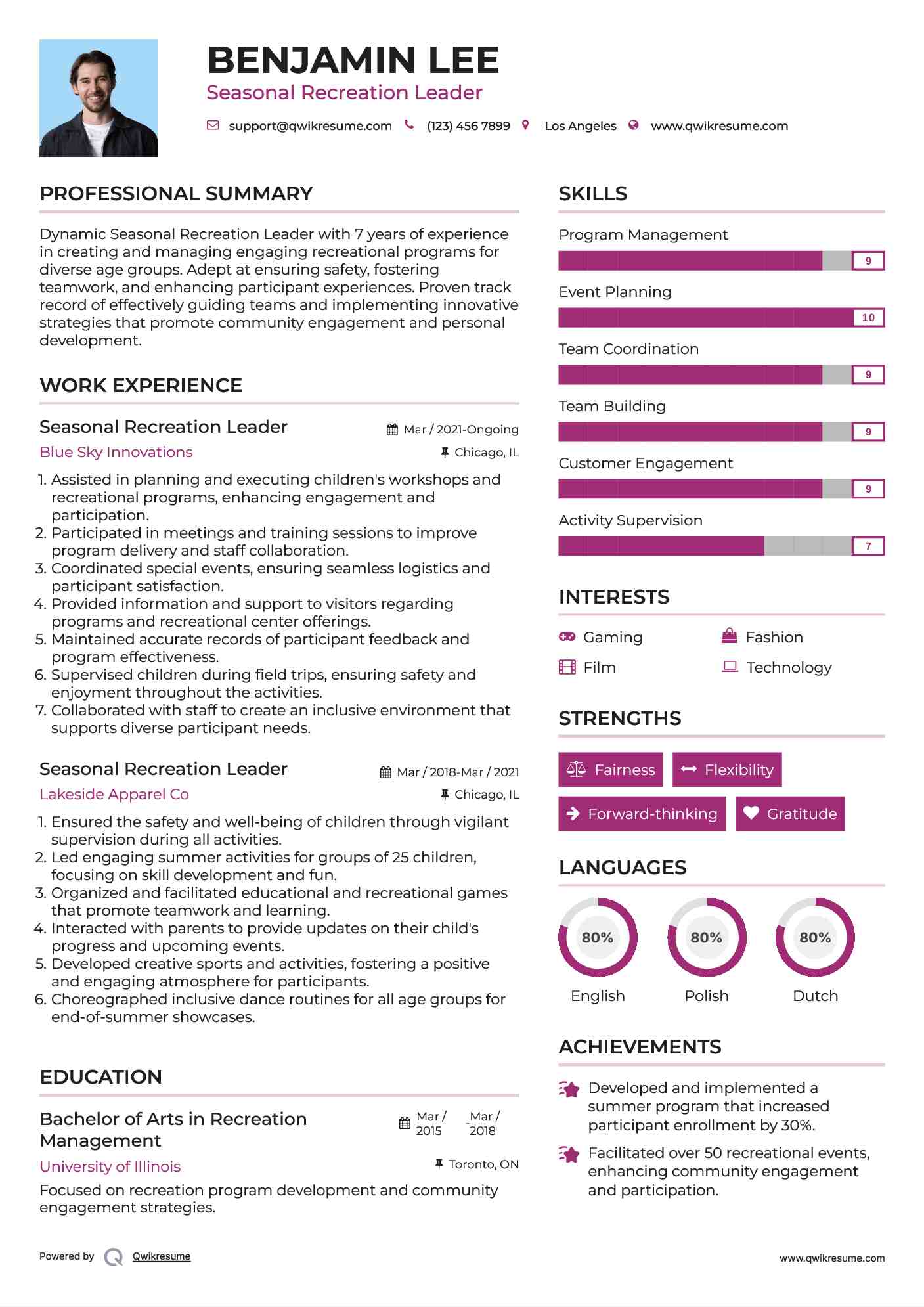 Seasonal Recreation Leader Resume Format