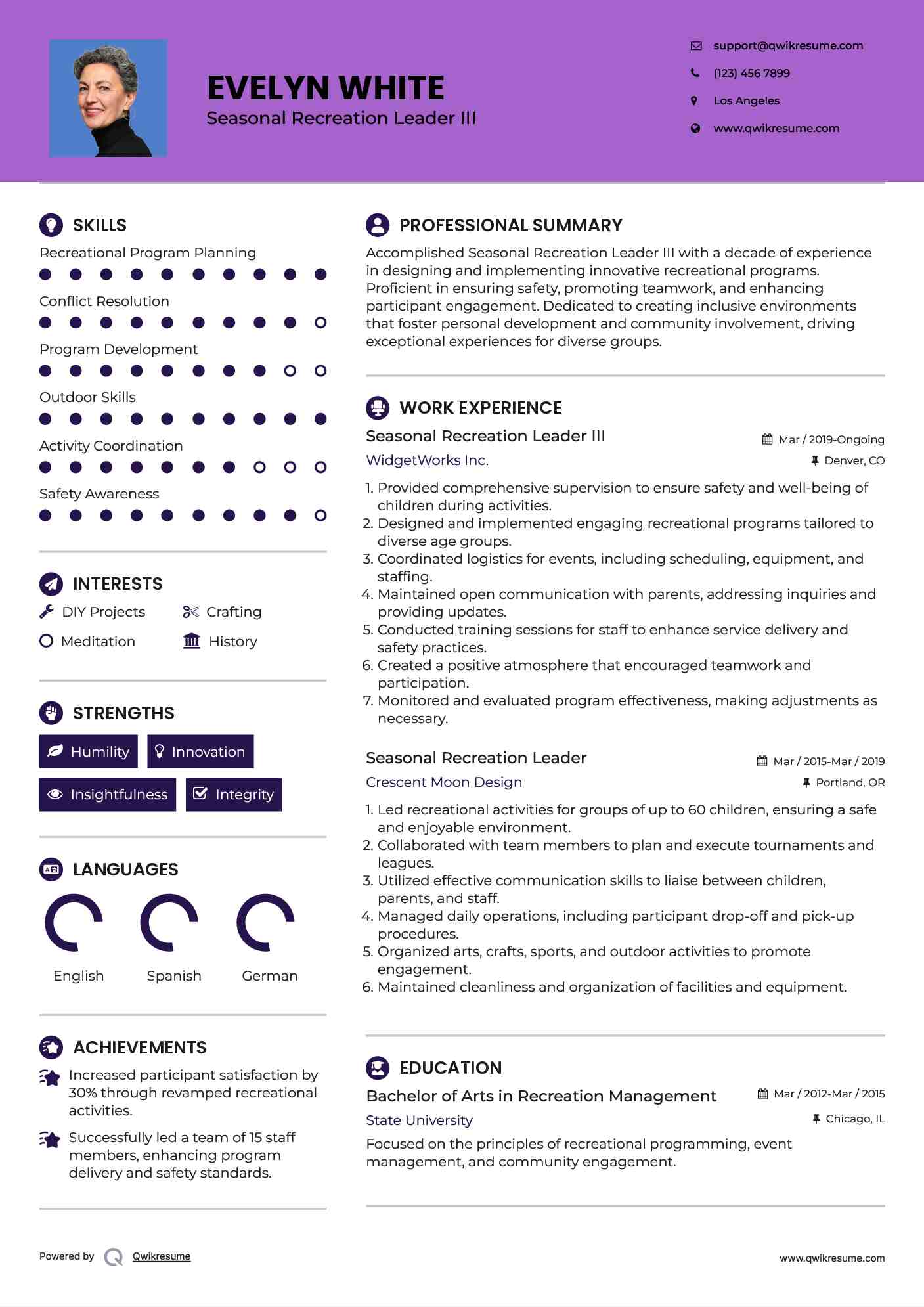 Seasonal Recreation Leader III Resume Format