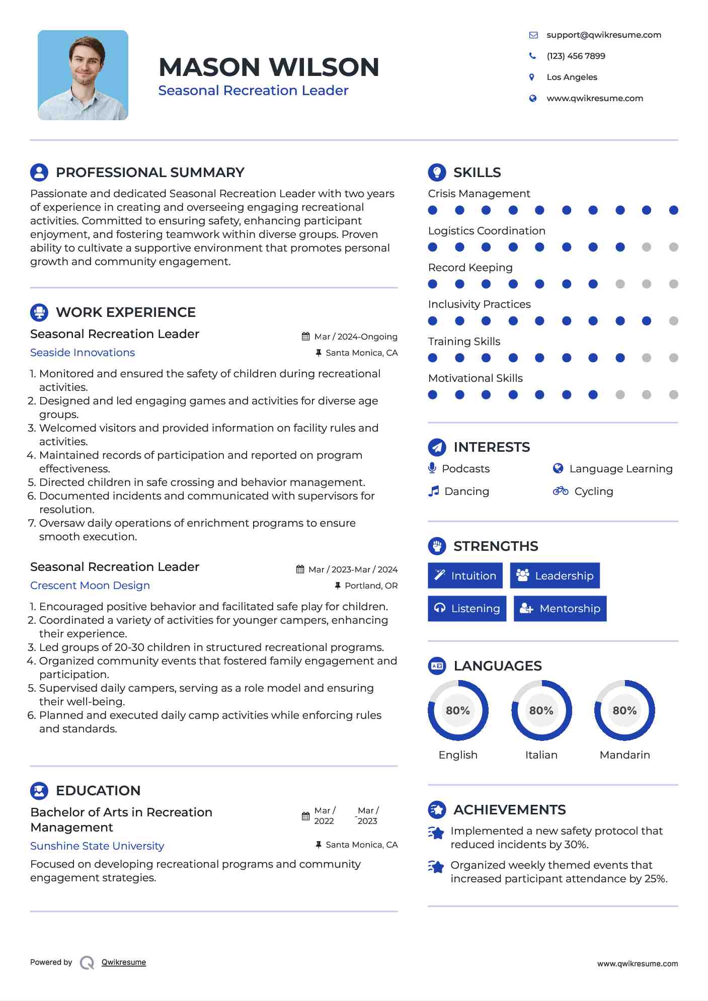 Seasonal Recreation Leader Resume Model