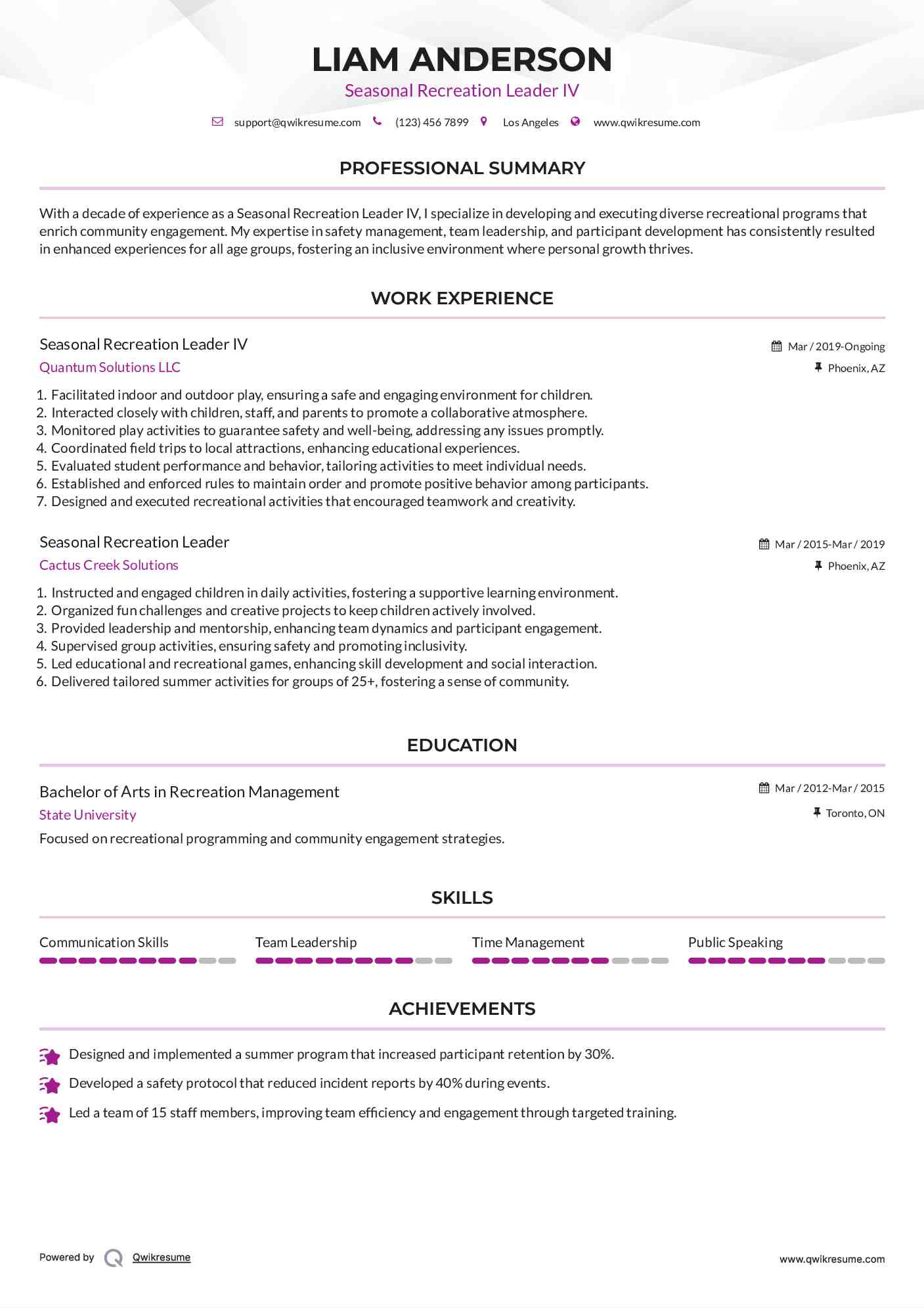 Seasonal Recreation Leader IV Resume Sample