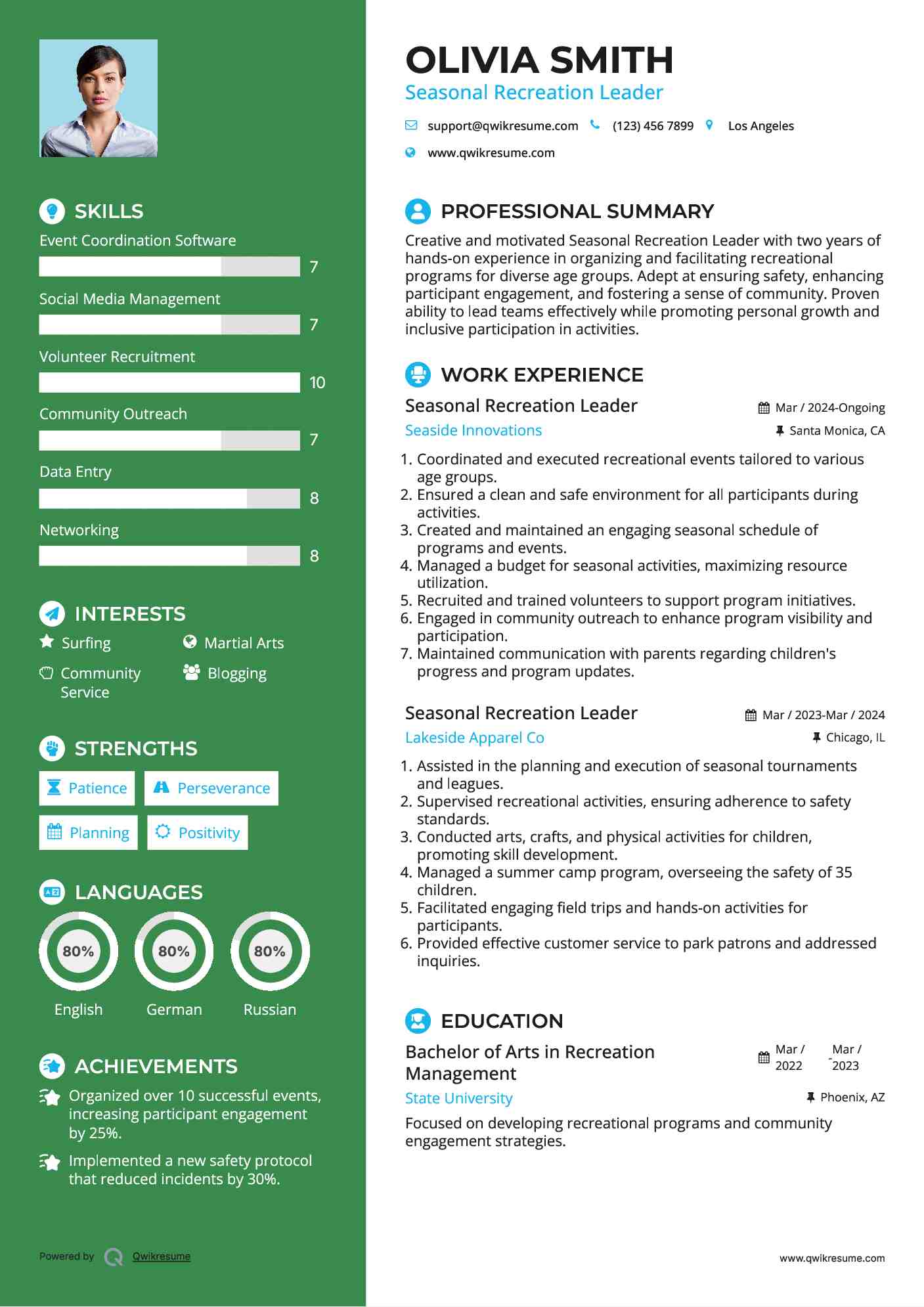 Seasonal Recreation Leader Resume Format