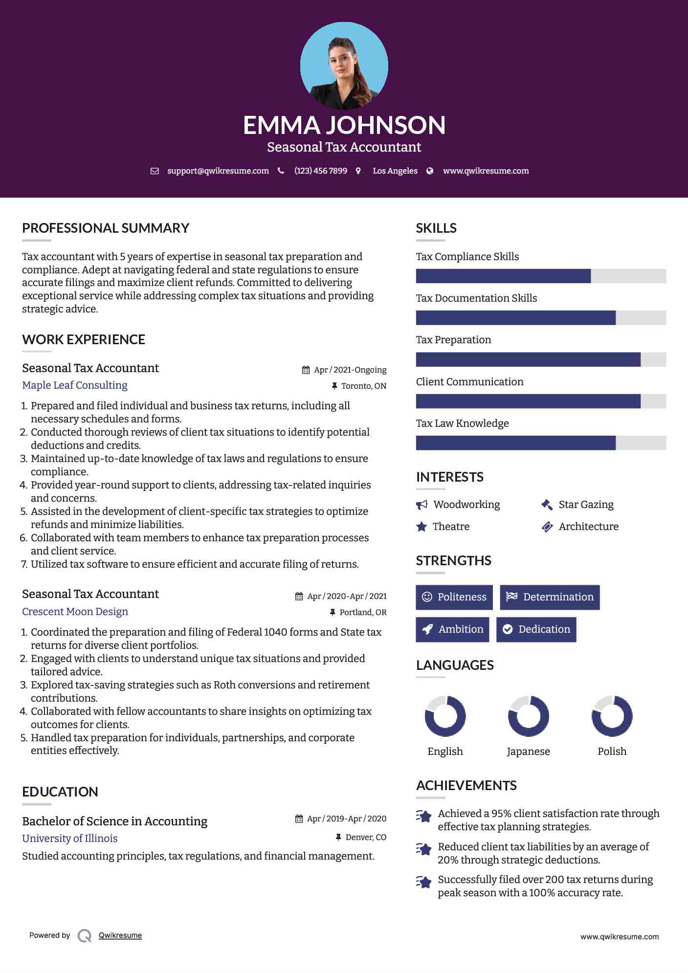Seasonal Tax Accountant Resume Sample