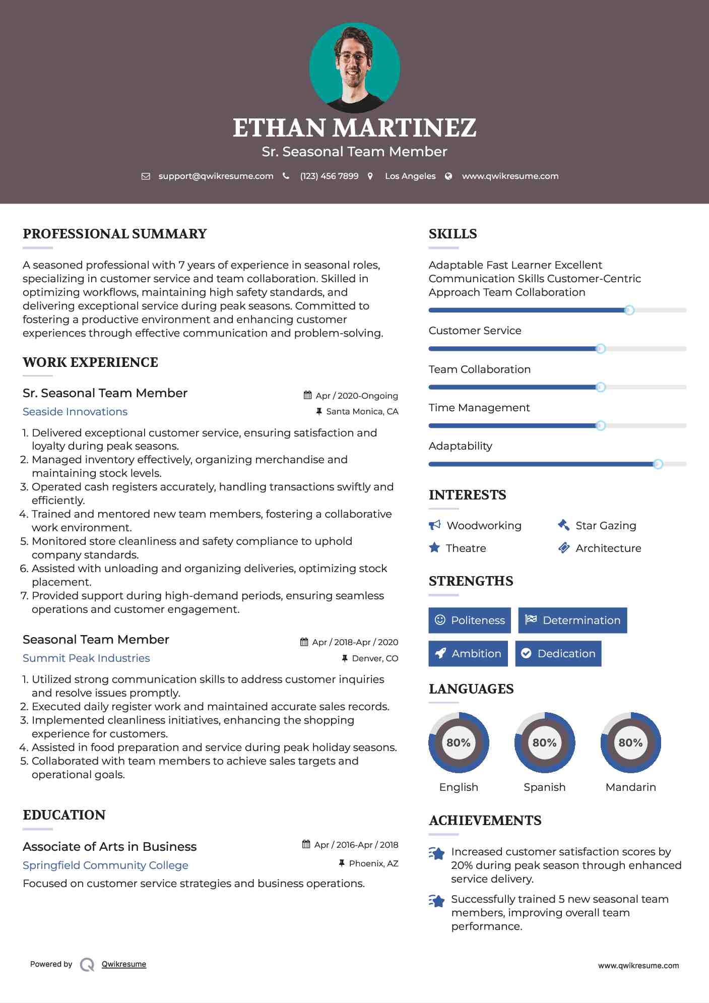 Sr. Seasonal Team Member Resume Example