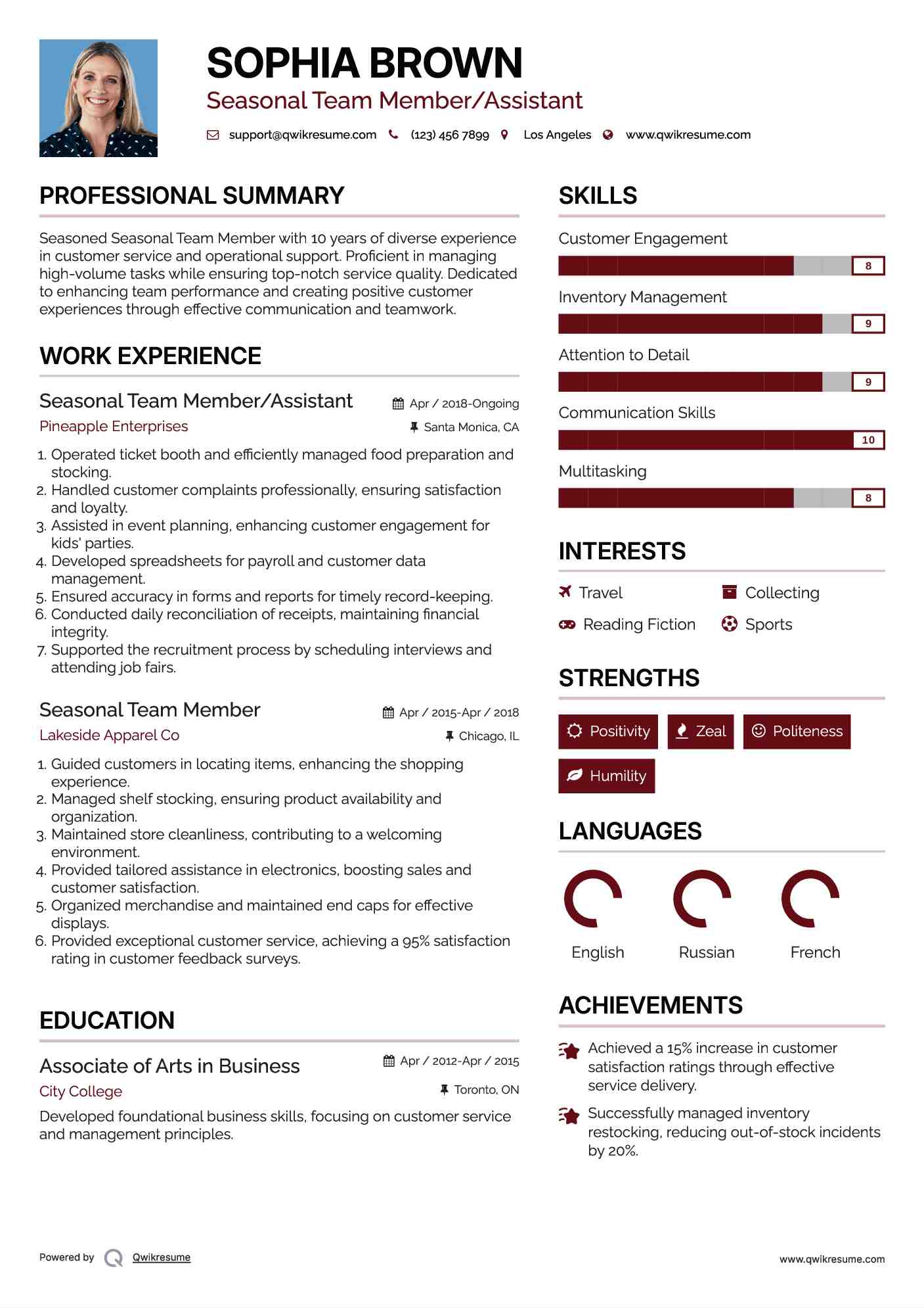 Seasonal Team Member/Assistant Resume Template