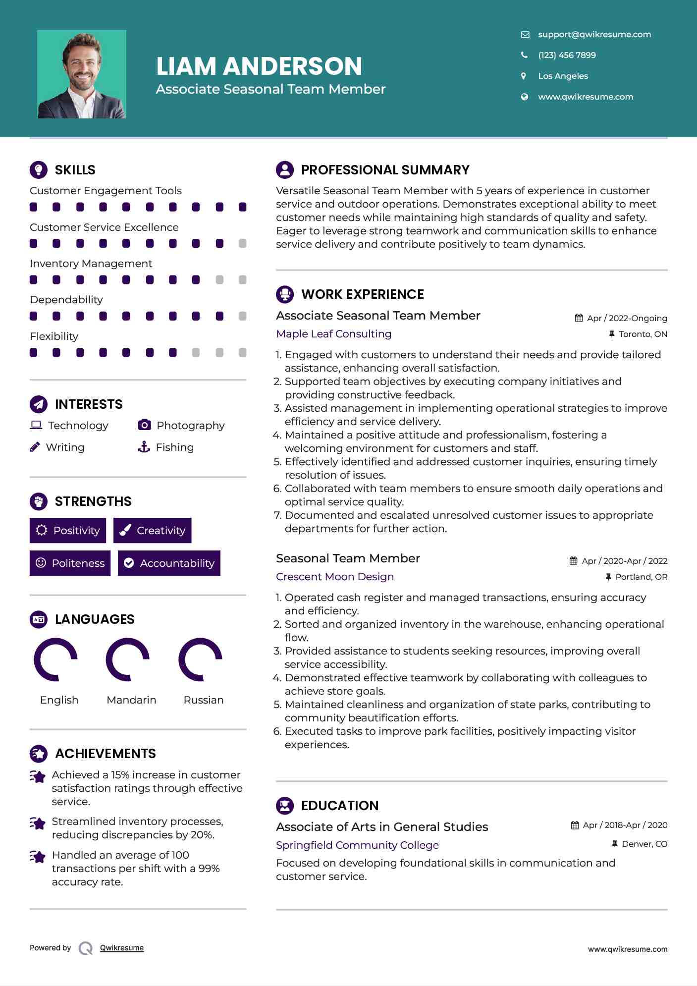 Associate Seasonal Team Member Resume Model