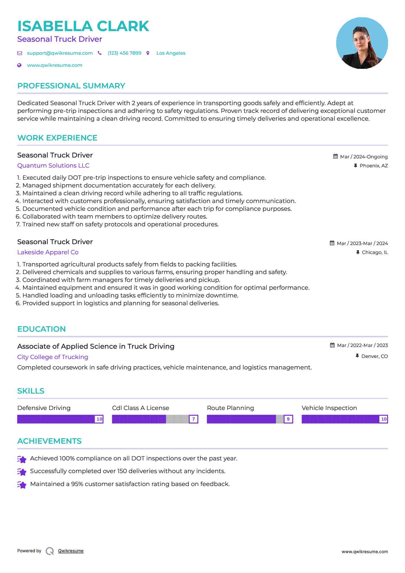 Seasonal Truck Driver Resume Sample