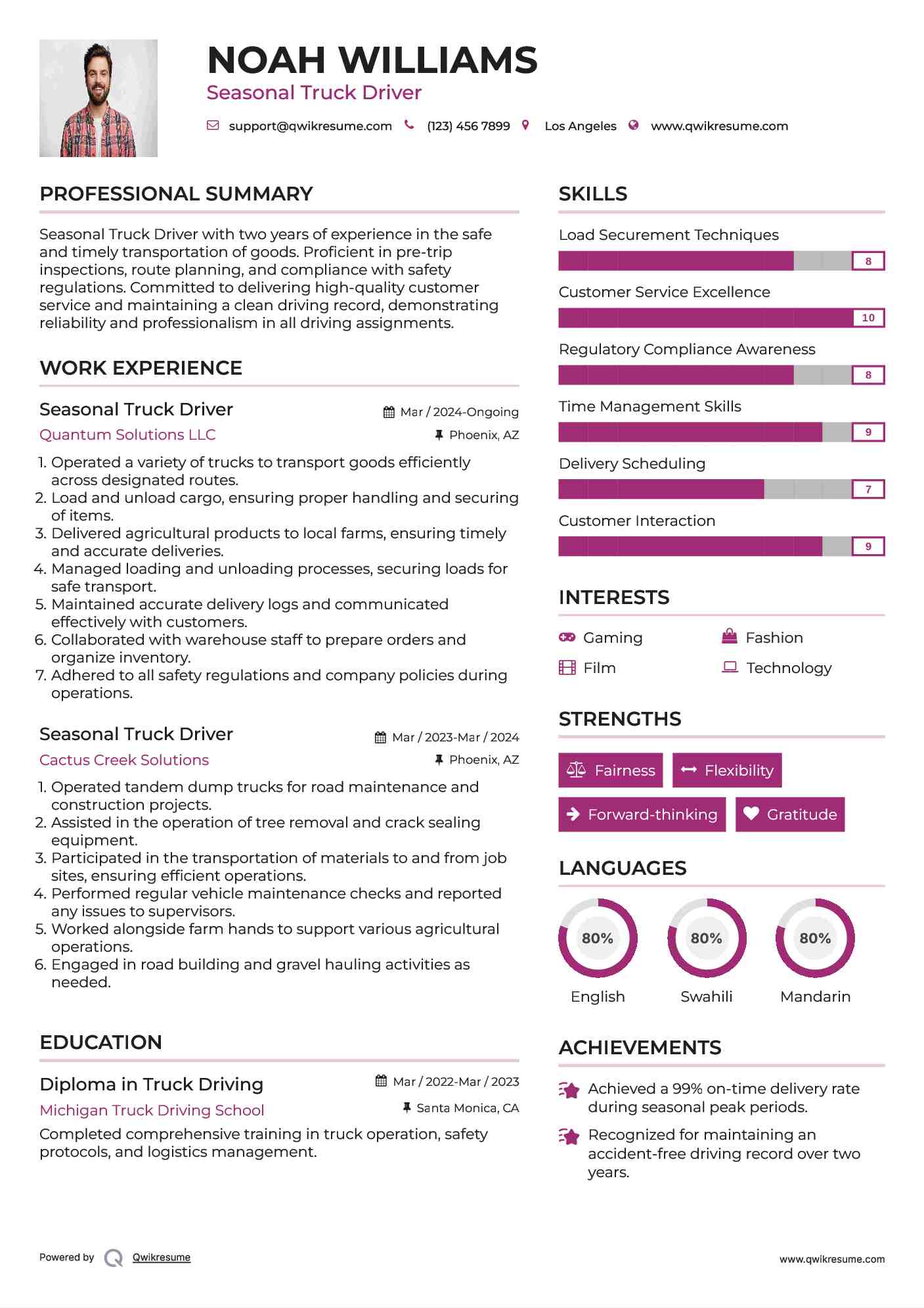 Seasonal Truck Driver Resume Example