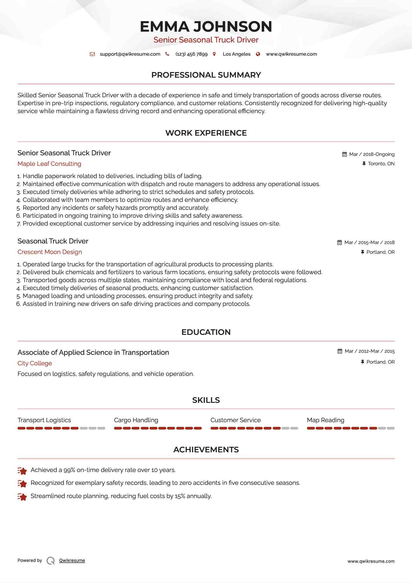 Senior Seasonal Truck Driver Resume Sample