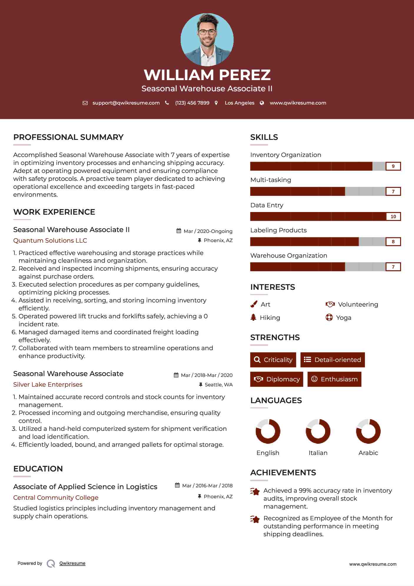 Seasonal Warehouse Associate II Resume Example