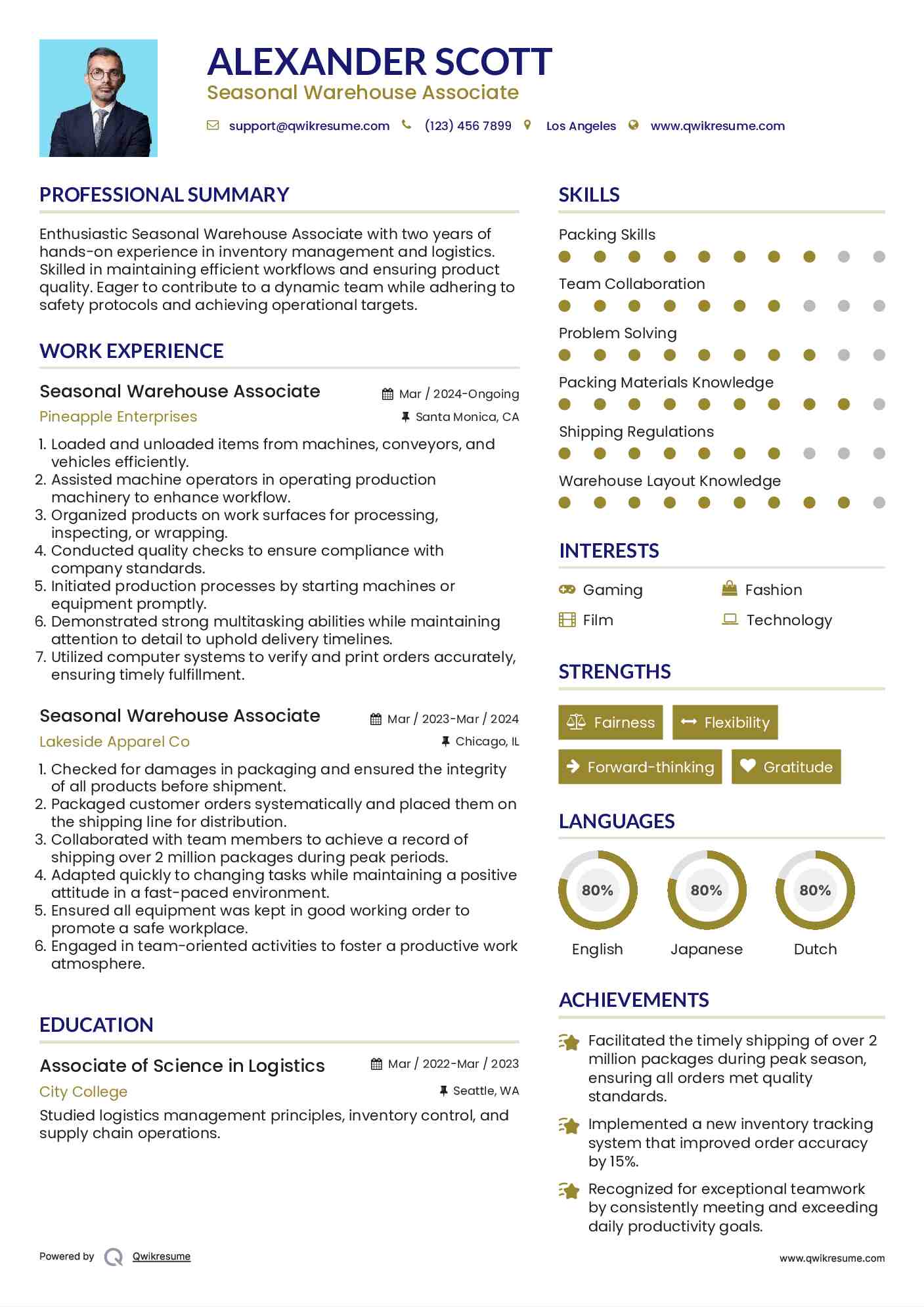 Seasonal Warehouse Associate Resume Sample