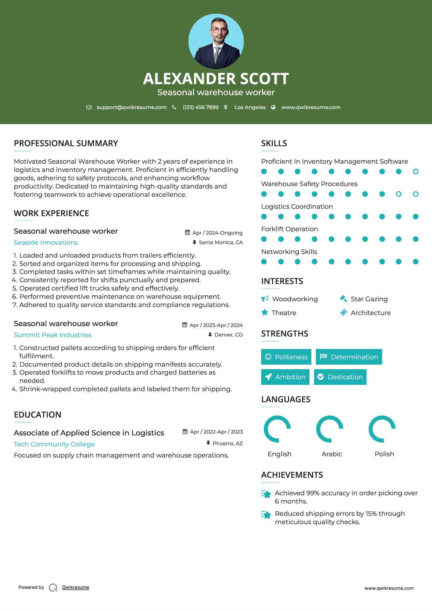 Seasonal warehouse worker Resume Model