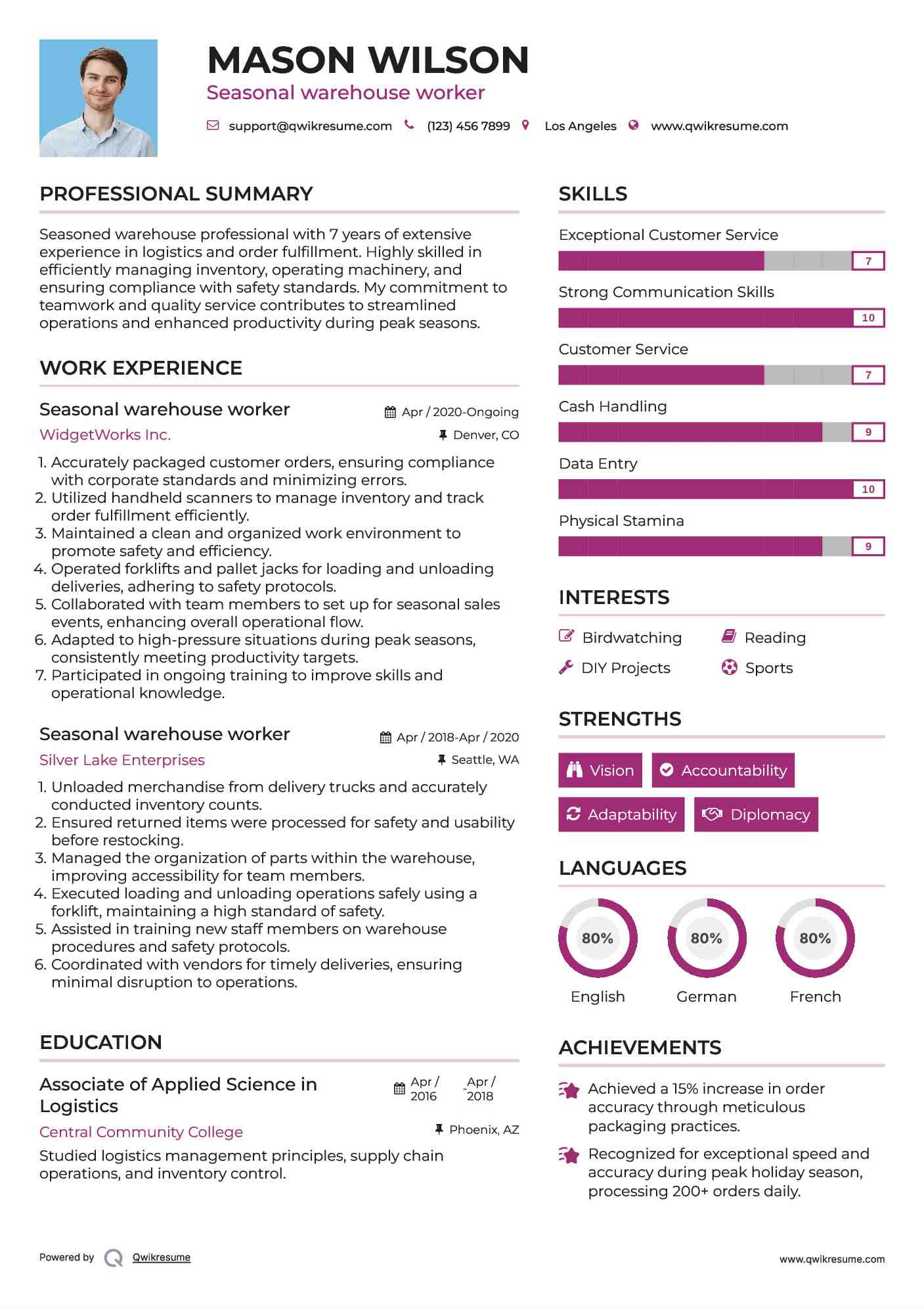 Seasonal warehouse worker Resume Example