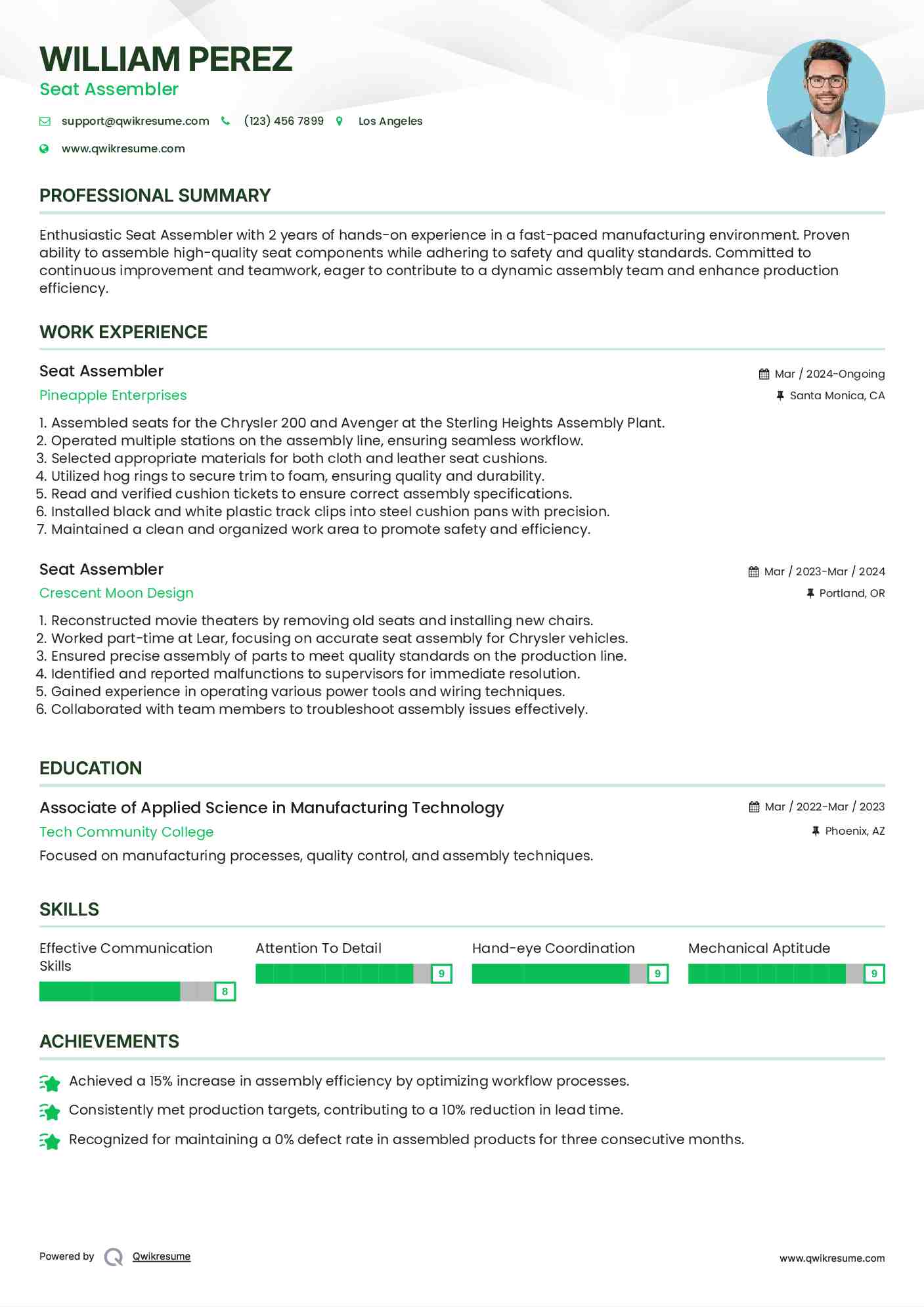 Seat Assembler Resume Sample