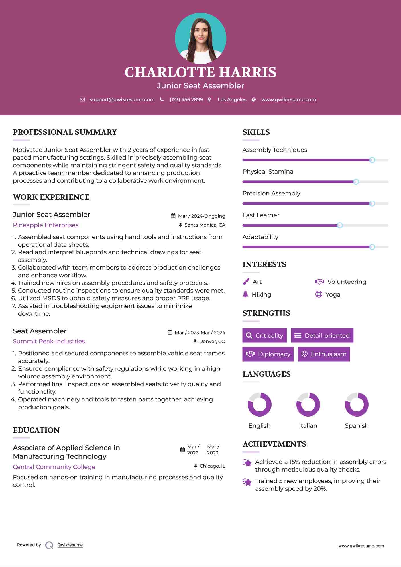 Junior Seat Assembler Resume Model