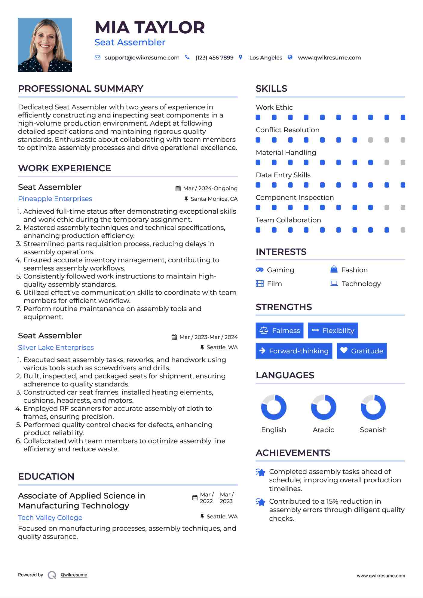 Seat Assembler Resume Format