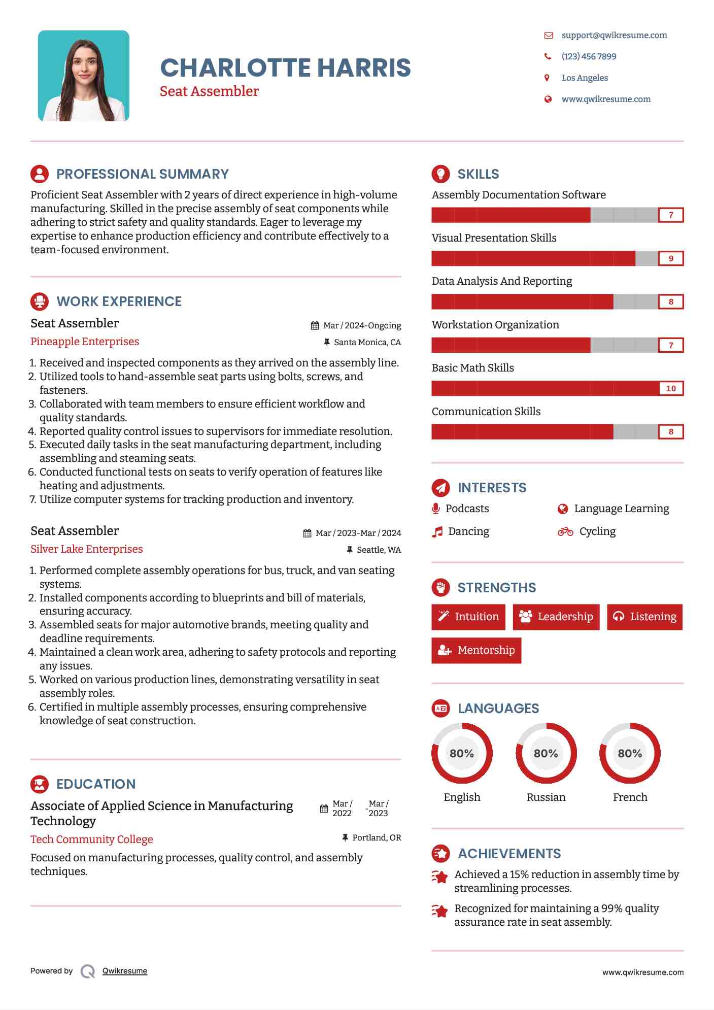 Seat Assembler Resume Format