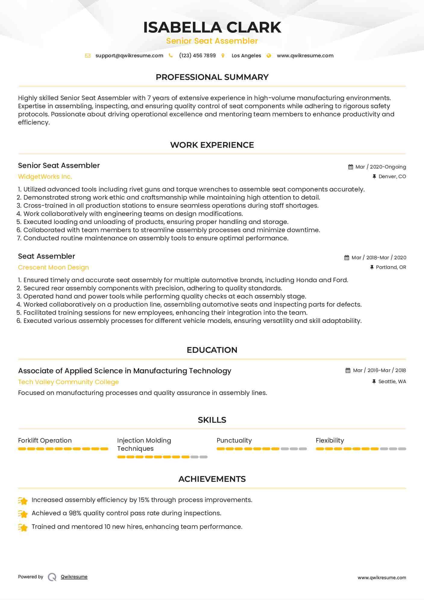 Senior Seat Assembler Resume Model