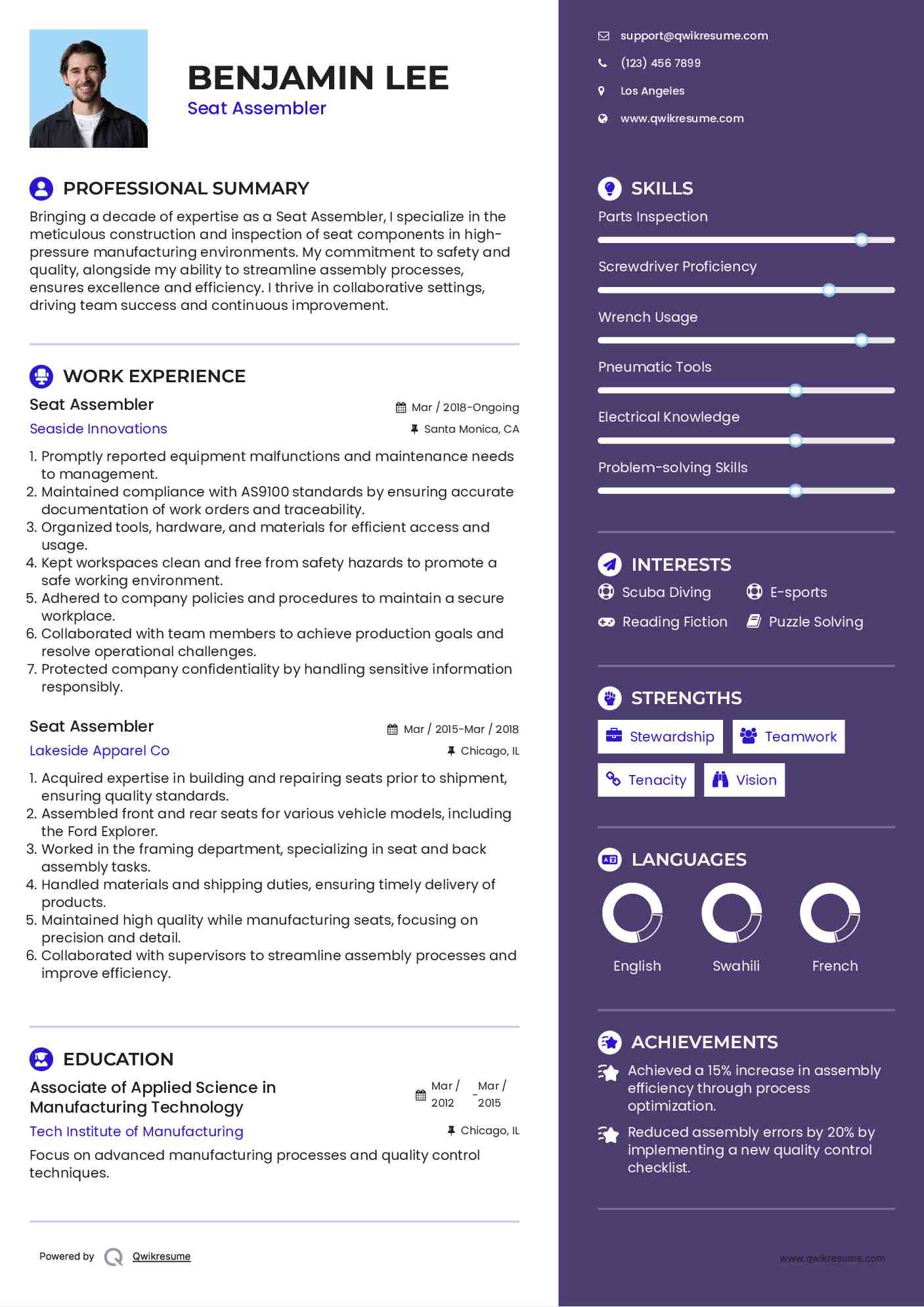 Seat Assembler Resume Template