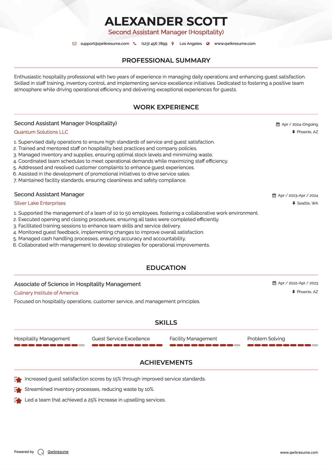 Second Assistant Manager (Hospitality) Resume Format