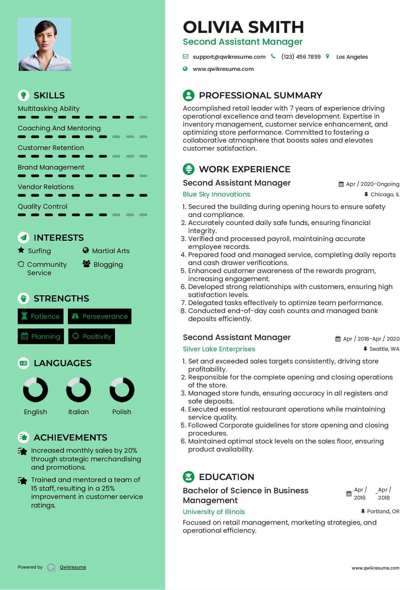 Second Assistant Manager Resume Example