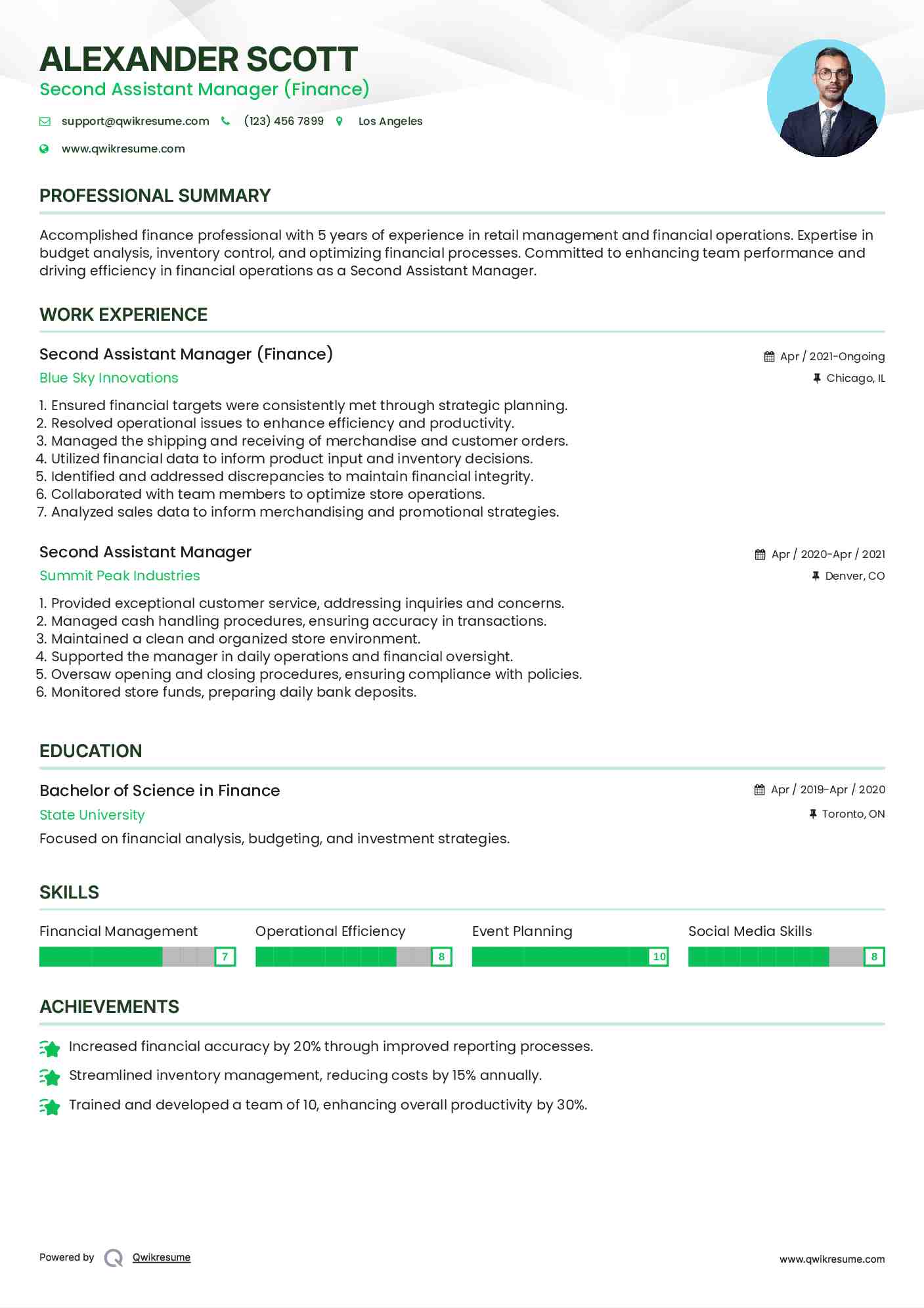 Second Assistant Manager (Finance) Resume Model